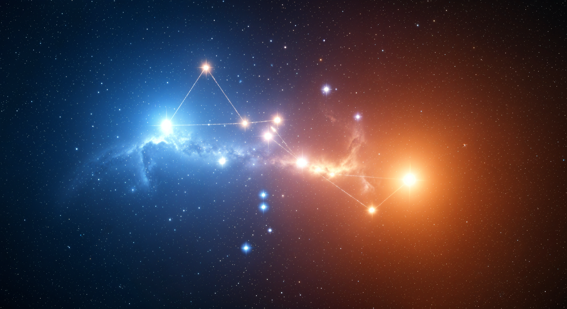 4K Ultra HD PC desktop wallpaper showing a glowing star constellation traced across a blue-to-orange nebula, bright stellar points and wispy cosmic clouds.