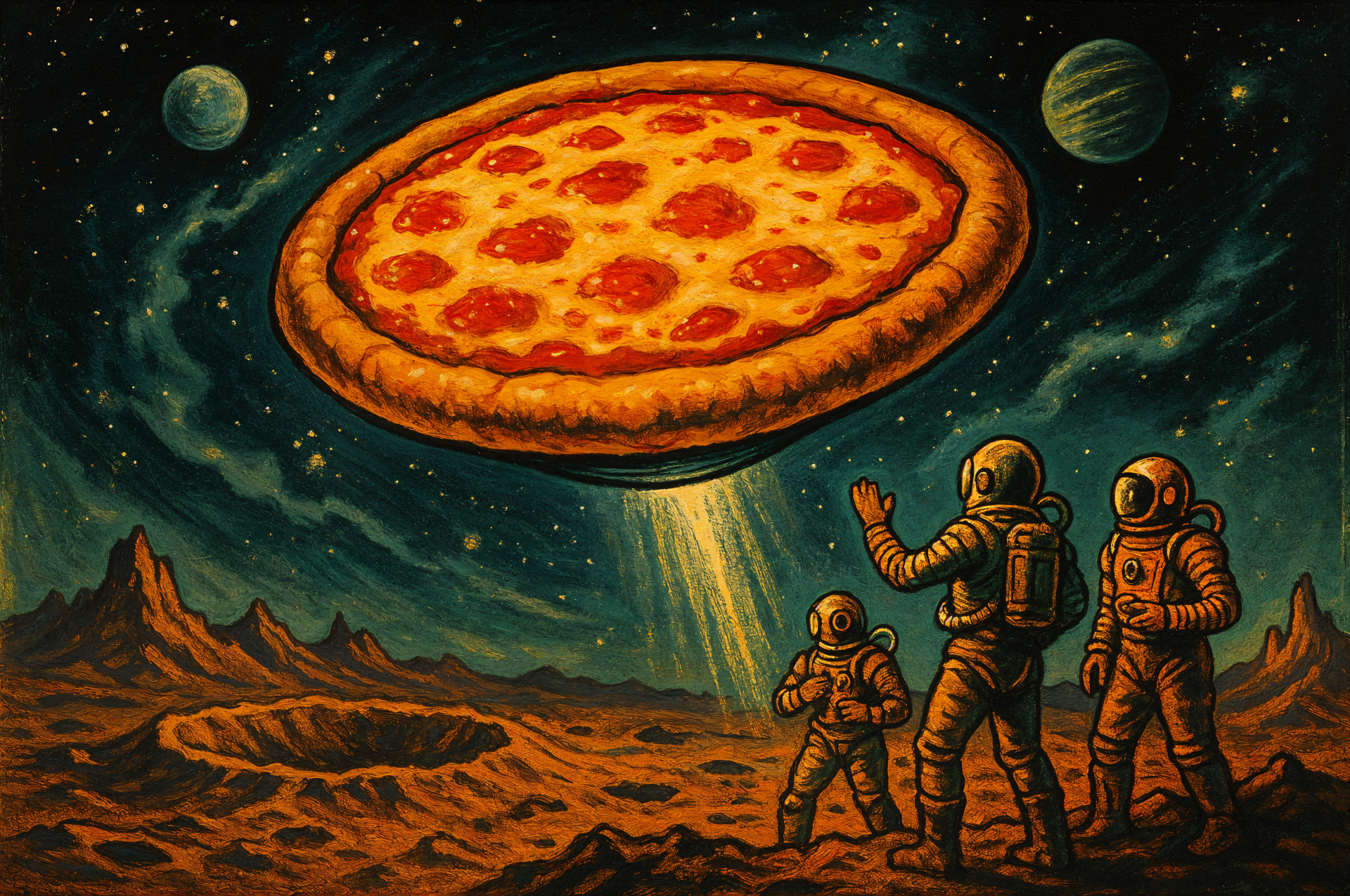 Surreal 4K Ultra HD PC desktop wallpaper and background: three astronauts on a rocky alien plain watch a giant cheese pizza UFO beam light under a starry, planet-filled sky.