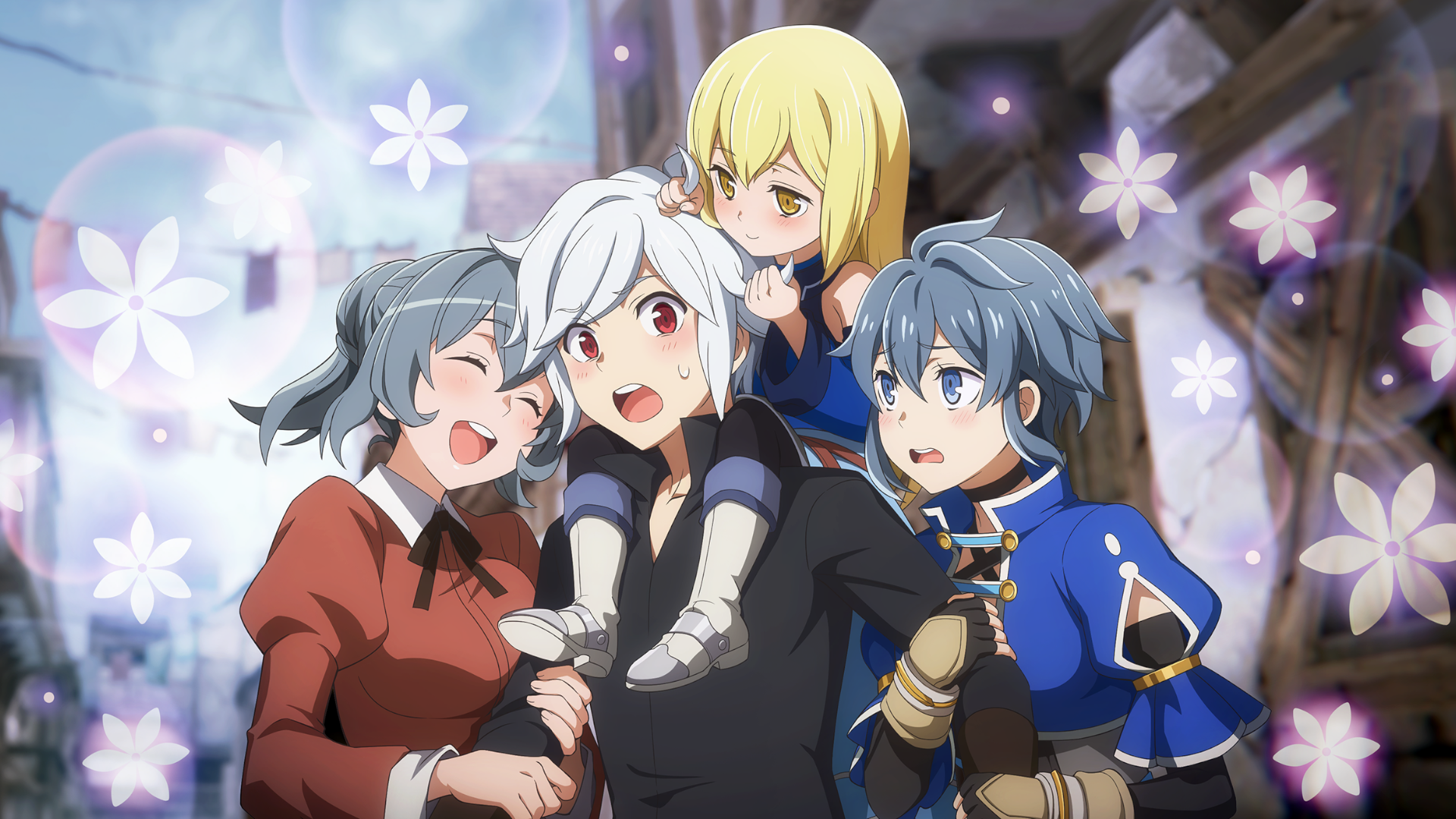HD desktop wallpaper of Bell Cranel carrying Aiz Wallenstein, joined by Syr Flova and a smiling companion amid glowing flowers — Is It Wrong to Try to Pick Up Girls in a Dungeon?