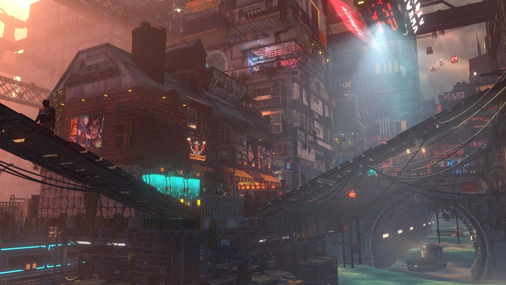 HD PC desktop wallpaper — Nivalis (video game) futuristic city: neon-lit towers, stacked walkways, hovering vehicles and rain-slick streets beneath glowing signs.