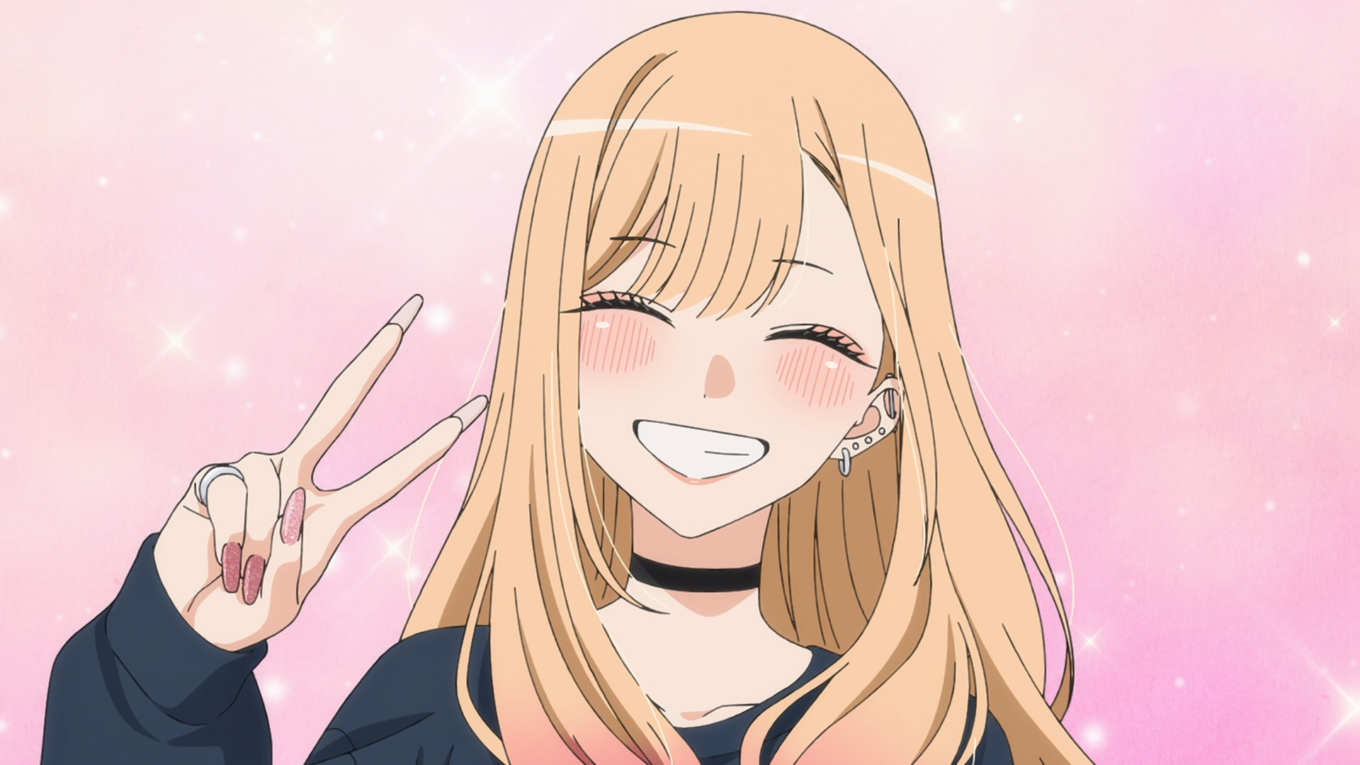 Marin Kitagawa (My Dress-Up Darling) smiling and flashing a peace sign on a pink sparkly backdrop — HD PC anime desktop wallpaper/background.