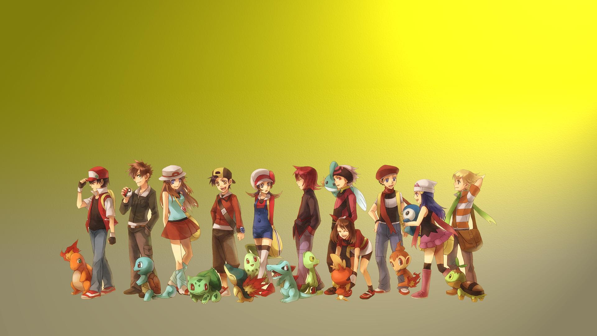HD PC desktop wallpaper: Pokémon video game trainers with their starter Pokémon lined up across a yellow-to-gray gradient background.