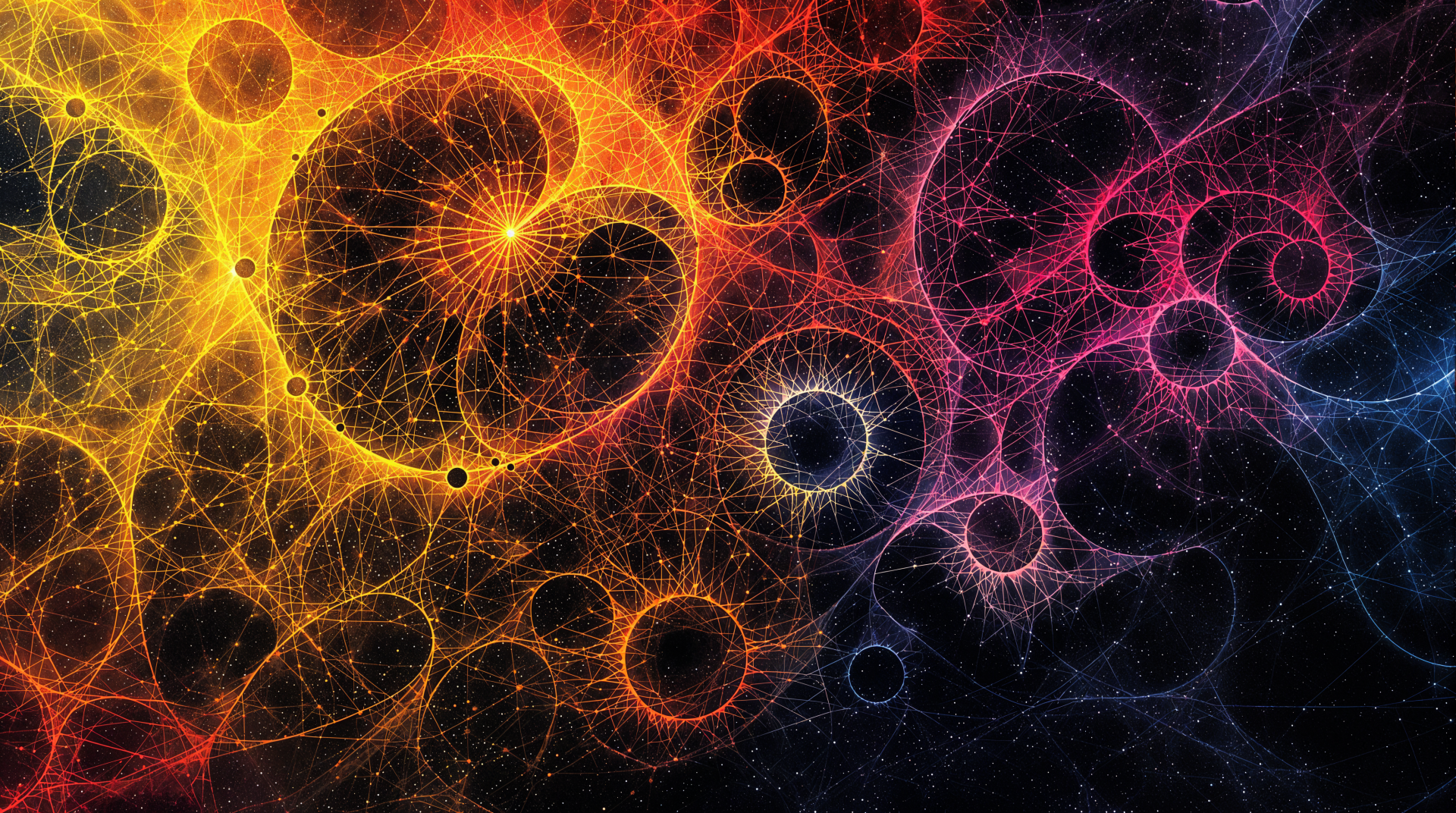 Vibrant fractal of golden, magenta and indigo webbed spirals and glowing orbs, rendered in high detail — 4K Ultra HD PC desktop wallpaper and background.