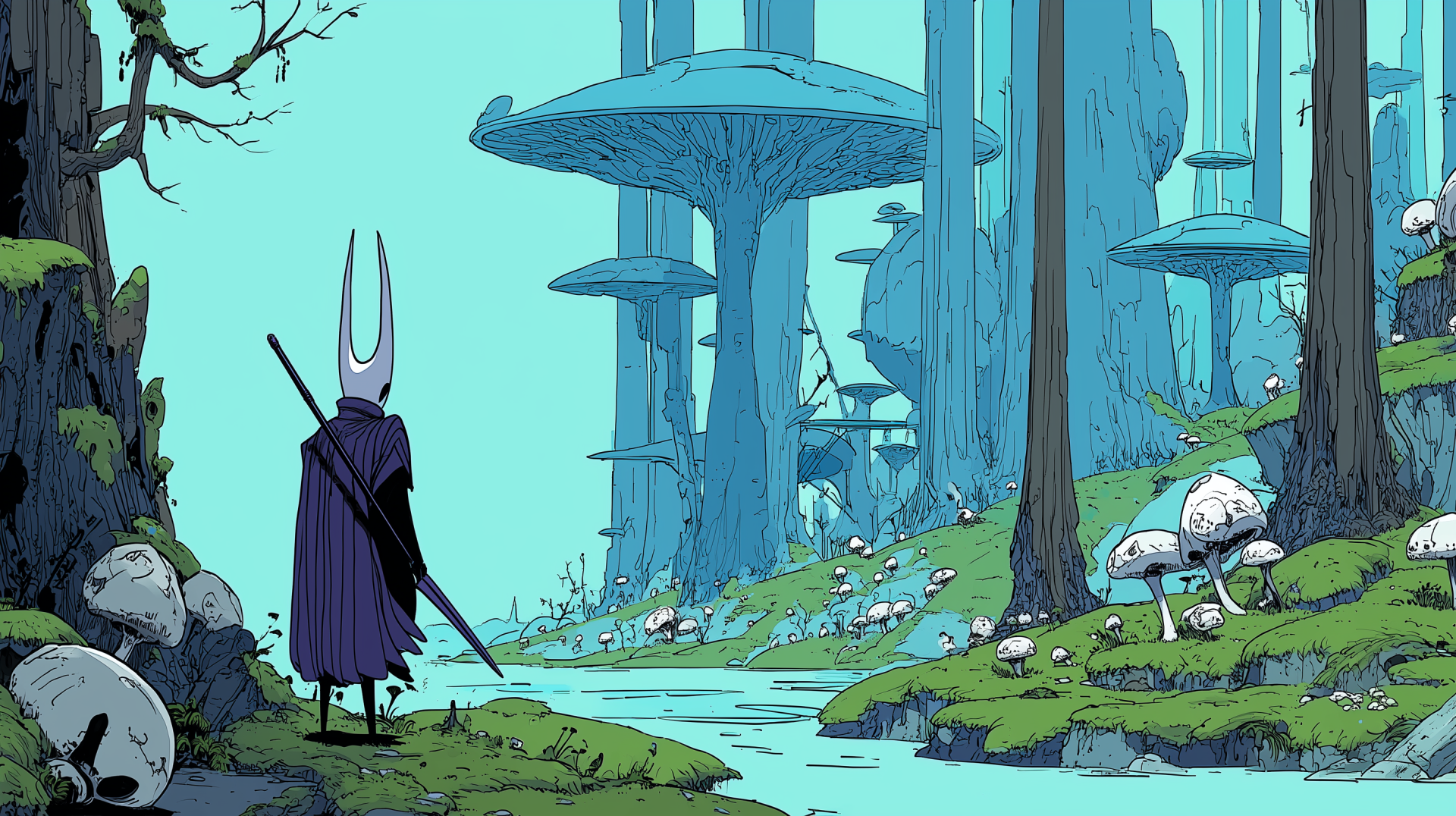 HD PC desktop wallpaper: Hornet (Hollow Knight) from Hollow Knight: Silksong stands with her needle in a turquoise mushroom forest, a fantasy world video game background.