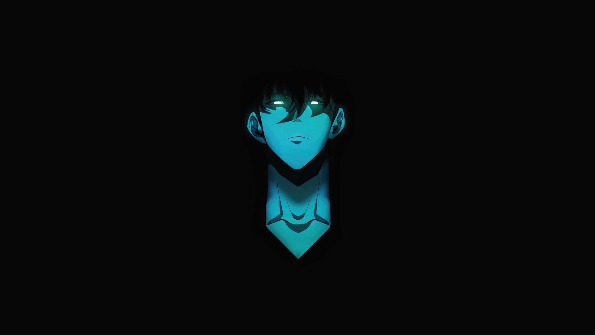 8K Ultra HD PC desktop wallpaper of Solo Leveling's Sung Jin‑Woo: cyan‑lit face and chest emerging from a black void in dark, minimalist anime style.