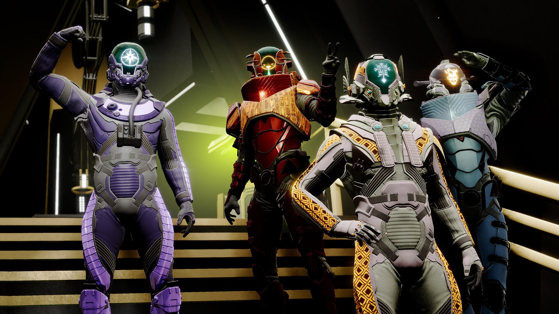 HD PC desktop wallpaper of four Void Crew video game characters in colorful futuristic armor striking poses on illuminated steps.
