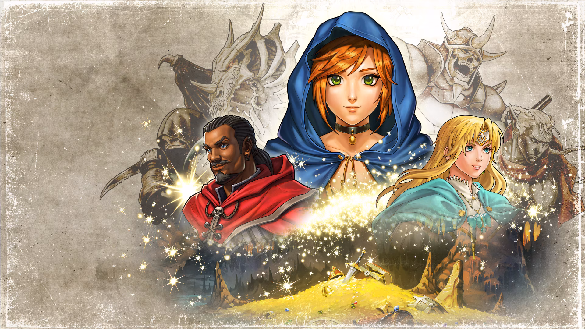 4K Ultra HD PC desktop wallpaper for video game Puzzle Quest: Edición Inmortal — three fantasy heroes (hooded heroine center, mage and warrior) with a spectral dragon backdrop.