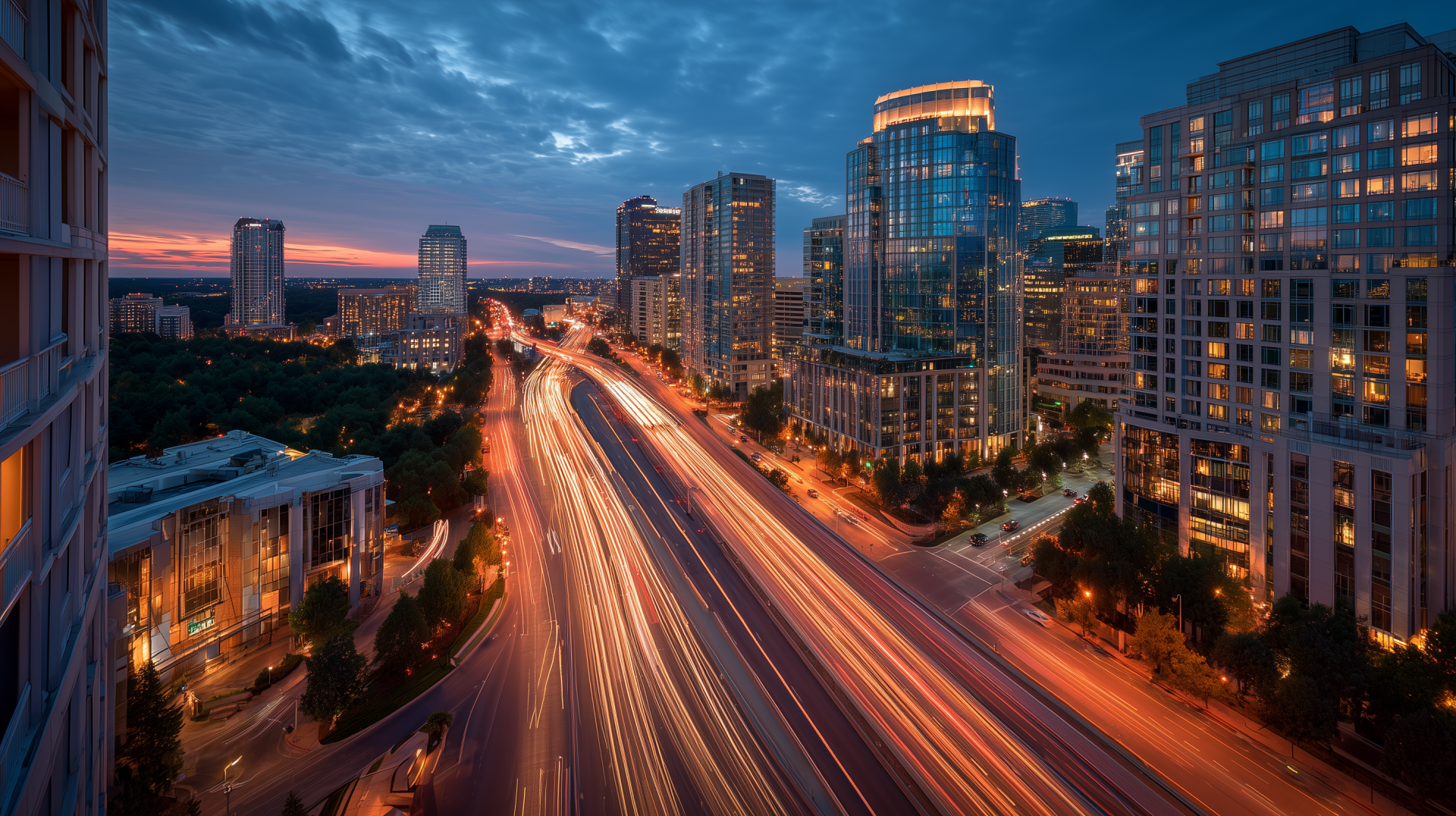 HD PC desktop wallpaper: vibrant cityscape at dusk with glass buildings and sweeping light trails from highway traffic, creating a dynamic urban background.