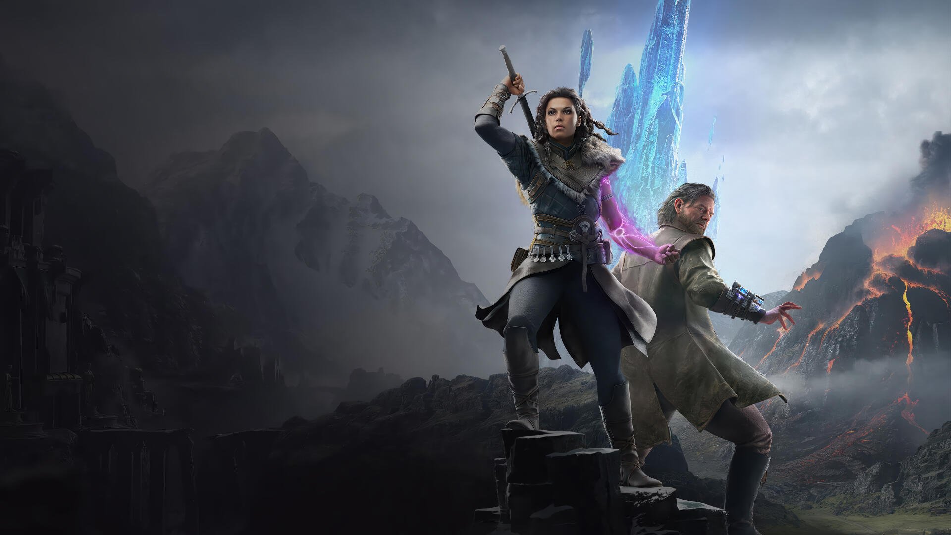 Echoes of the End — 4K Ultra HD PC desktop wallpaper & background: two armored figures on a rocky peak, one with a dagger, the other wielding blue crystal energy amid stormy mountains.