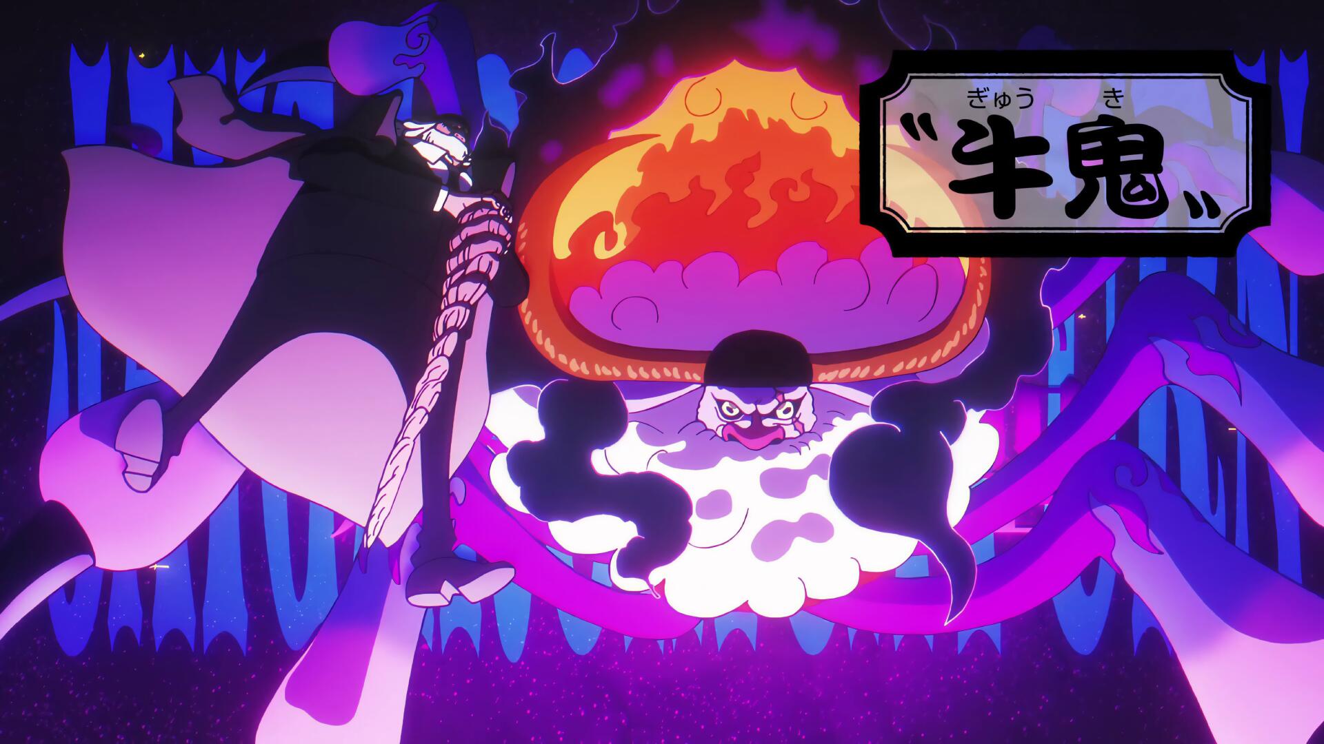 Anime One Piece by Jaygarcia Saturn — 4K Ultra HD PC desktop wallpaper and background: a flaming masked Oni-like creature with purple tentacles confronting a cloaked figure wielding a spear.