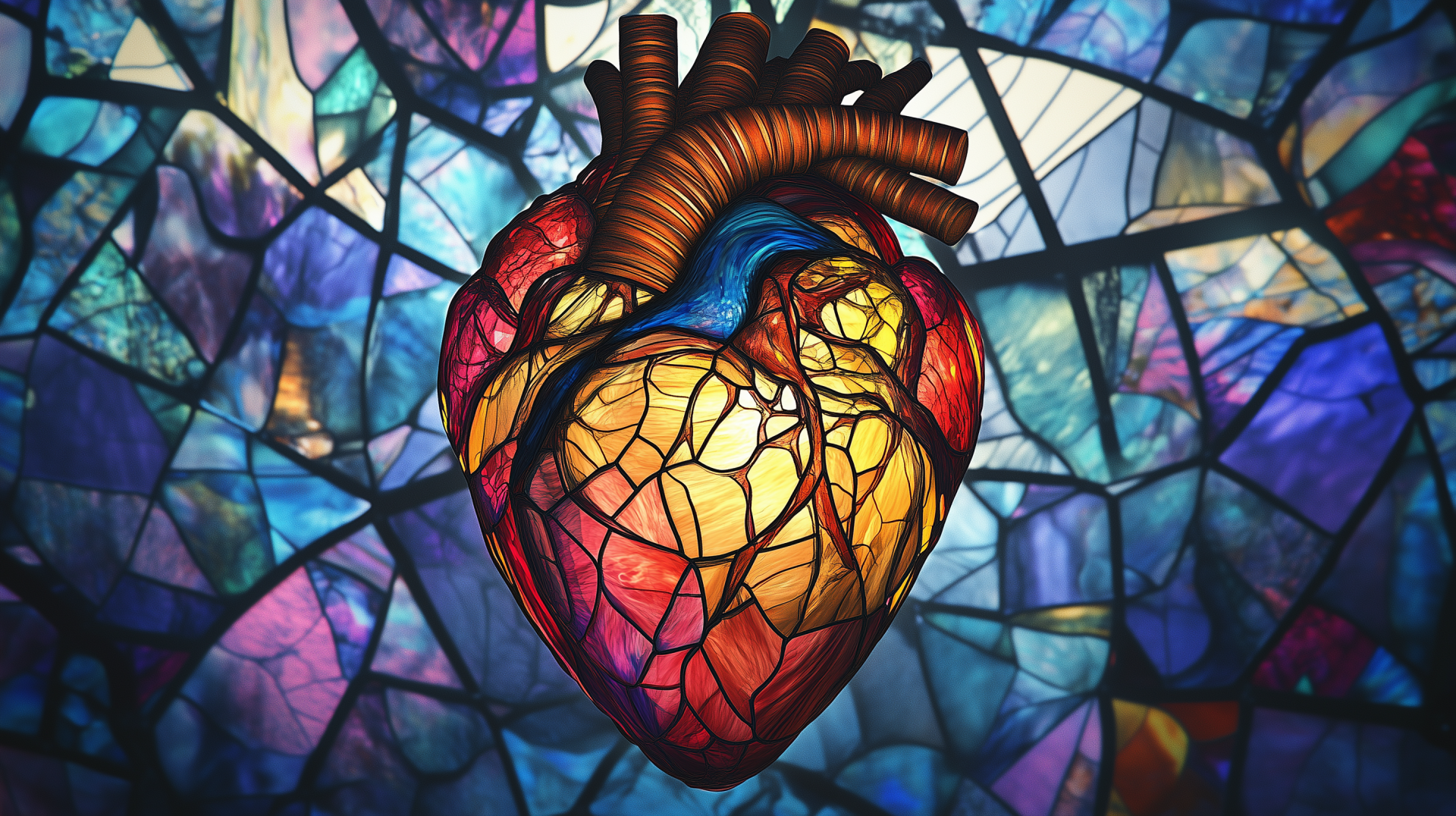 Vibrant stained-glass artistic illustration of an anatomical heart in colorful art, HD PC desktop wallpaper and background.