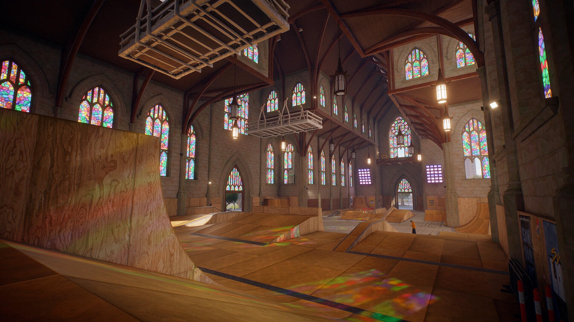 HD PC desktop wallpaper of Skate (video game): a cathedral-style indoor skate park with stained-glass windows, wooden ramps and suspended platforms.