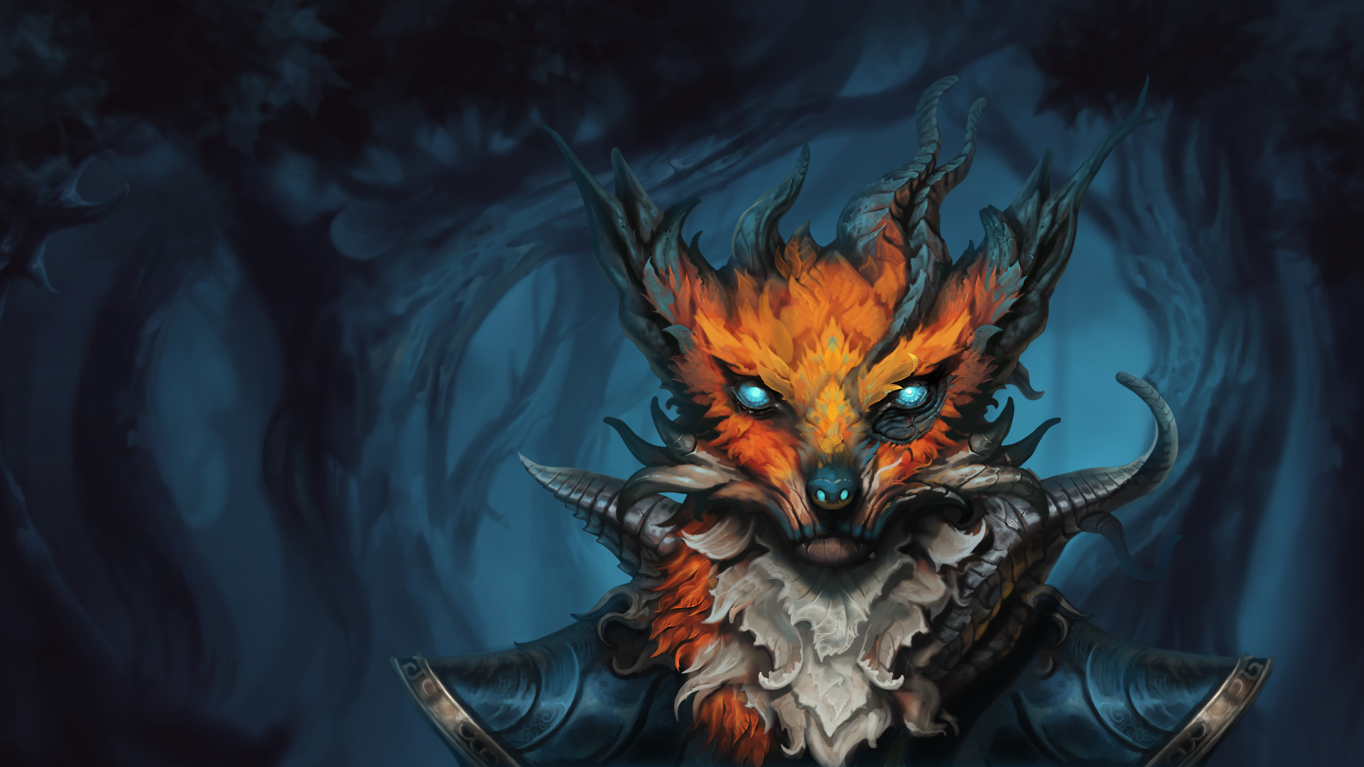 Against the Storm — 4K Ultra HD PC wallpaper: armored fox-like warrior with glowing blue eyes and tattered ruff, framed by a shadowy, stormy forest.