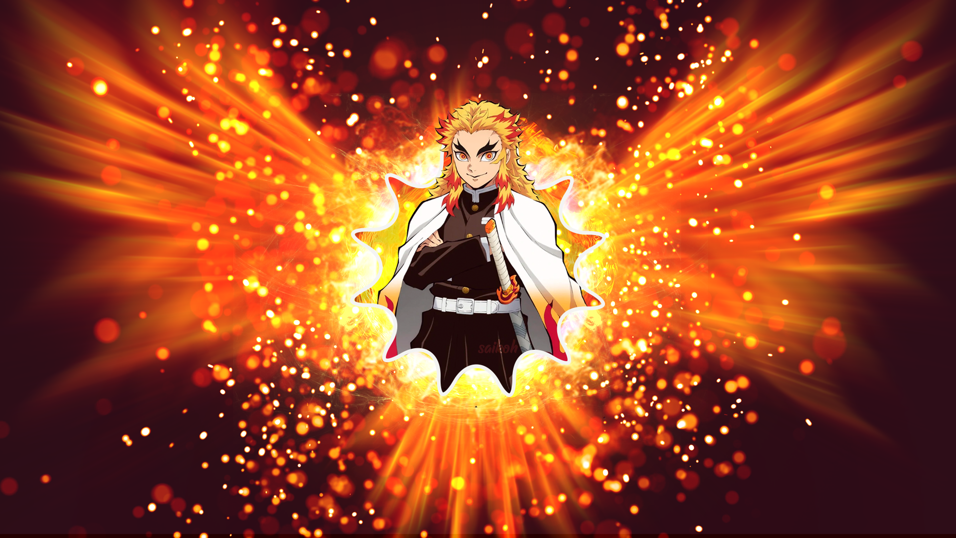 HD anime desktop wallpaper of Kyojuro Rengoku from Demon Slayer: Kimetsu no Yaiba, fiery orange wings and glowing embers radiate around him on a dramatic orange background.