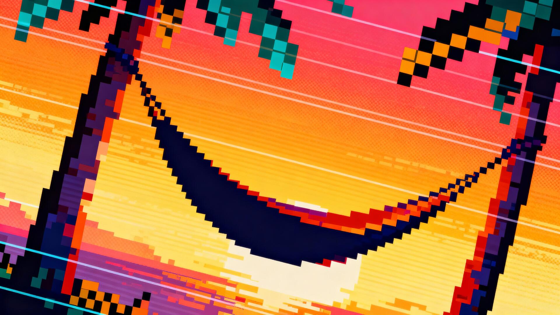 Pixel-art hammock strung between palm trees at a vivid sunset with glitchy retro colors — 4K Ultra HD PC desktop wallpaper and background.