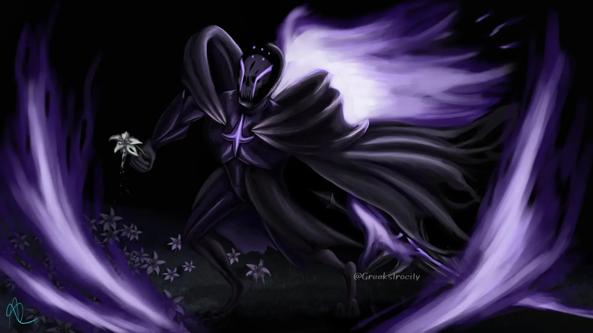 HD PC wallpaper from video game COOKIE RUN: KINGDOM showing Silent Salt Cookie in dark armor, cloaked in shadow with flowing cape and purple energy petals swirling around.