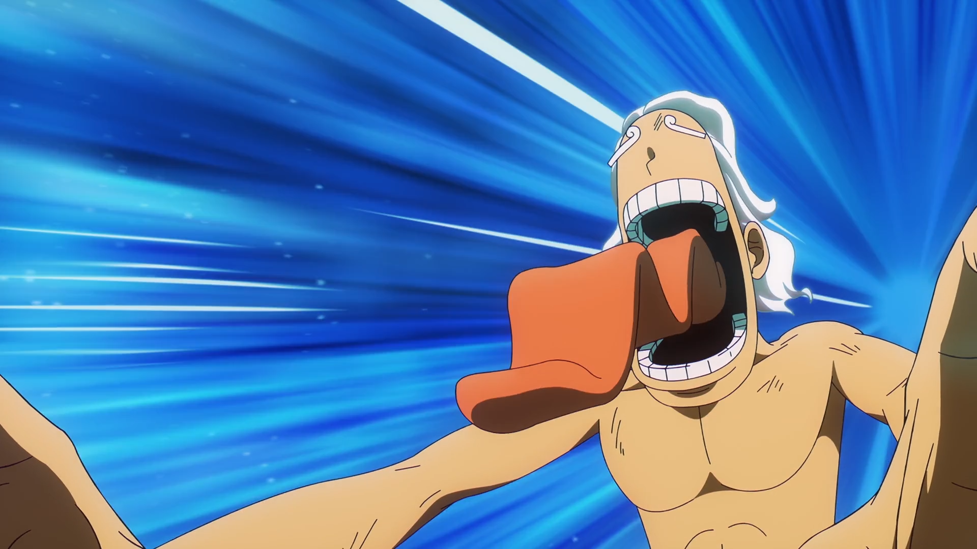 HD anime desktop wallpaper of One Piece's Monkey D. Luffy in Gear 5, roaring with an exaggerated stretched tongue against a streaked blue motion background.