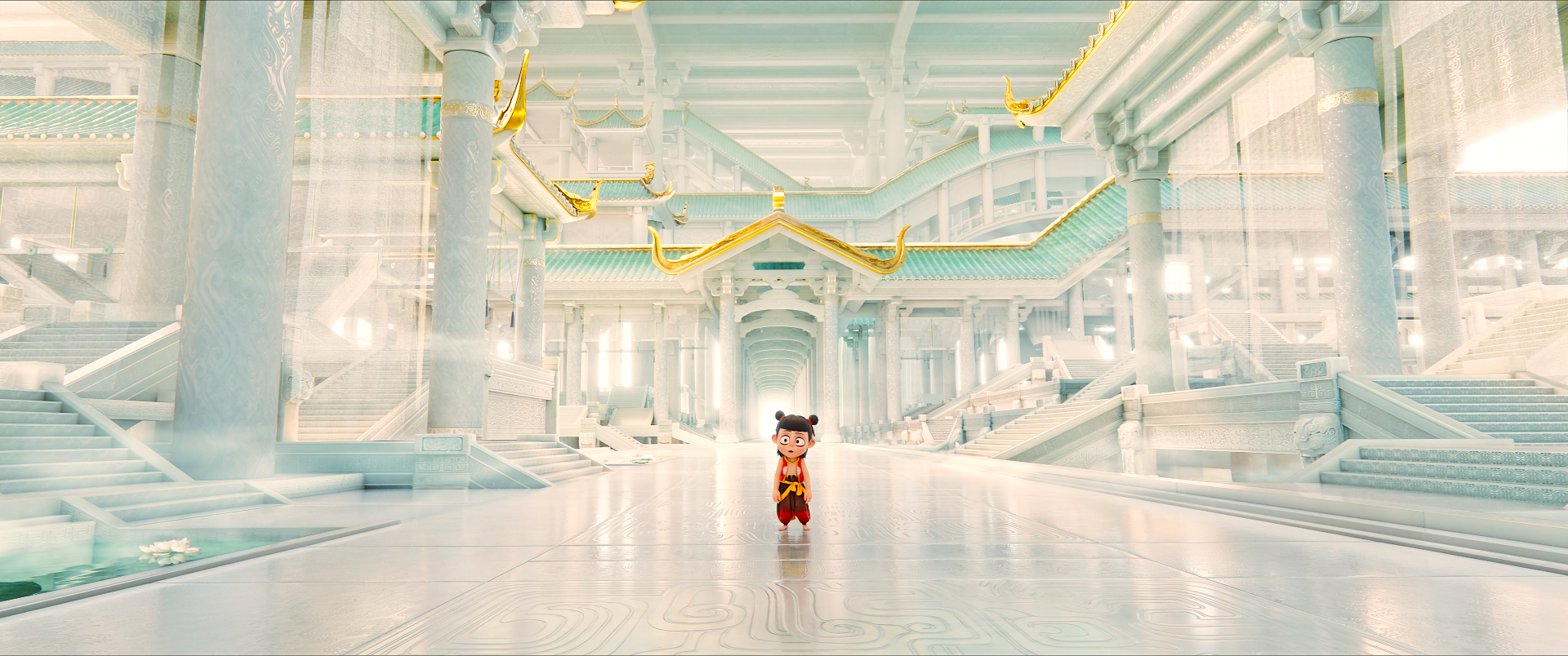 Anime movie Ne Zha: Ne Zha stands alone in a vast white-and-gold temple interior — 2K Quad HD PC desktop wallpaper and background.