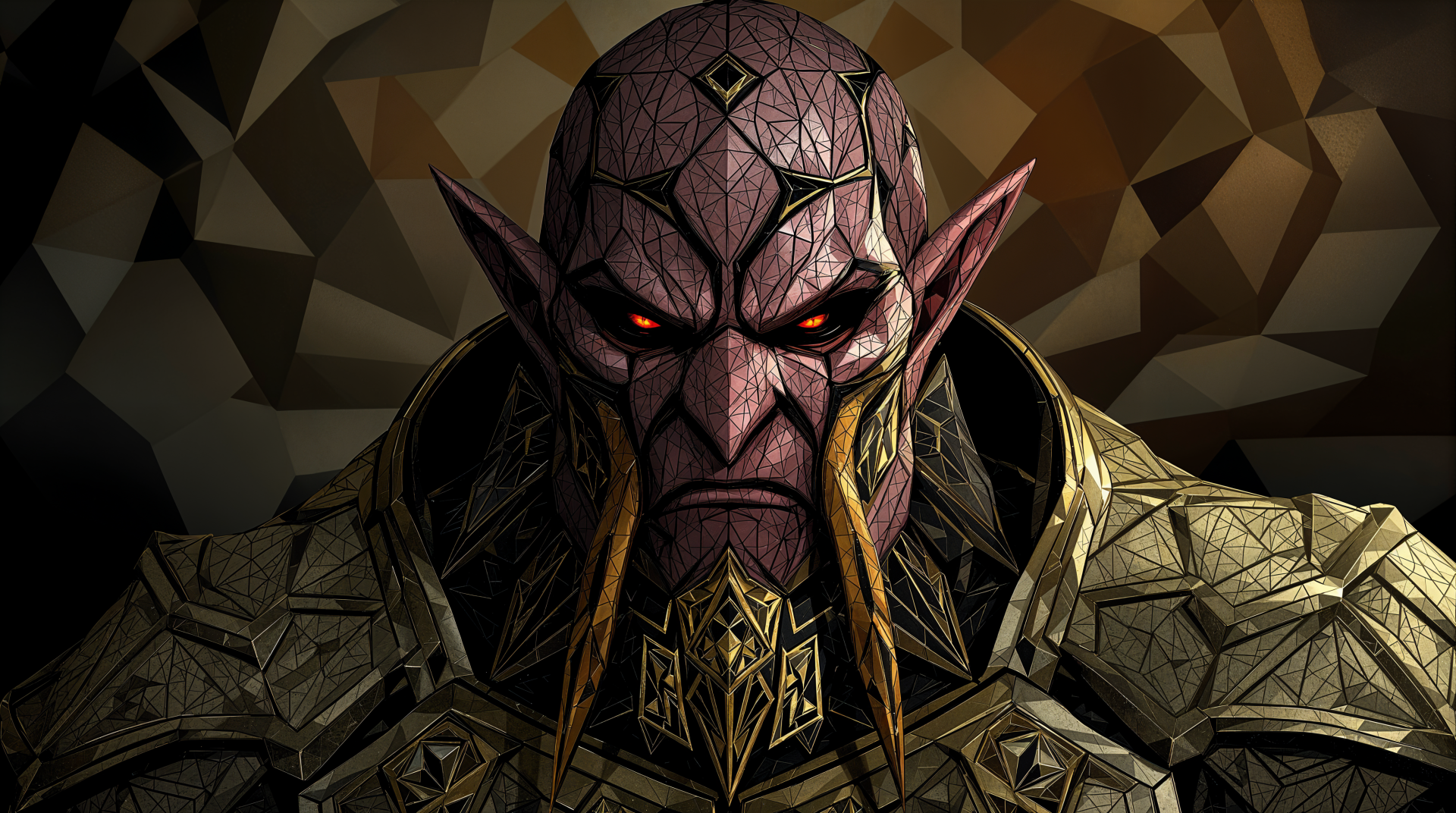 Close-up of Ganondorf (The Legend of Zelda) in dark ornate armor, glowing red eyes and geometric background — 4K Ultra HD PC desktop wallpaper.