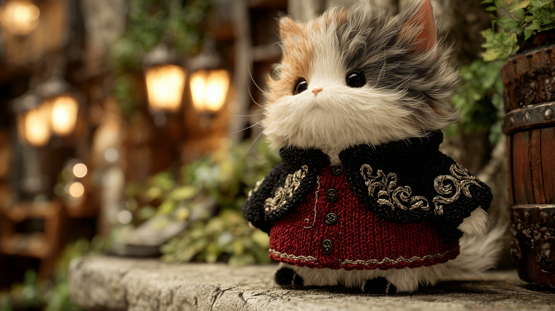 Cute AI Art cat plush toy in an ornate red-and-black coat on a cobblestone ledge, warm lamp bokeh behind — 2K Quad HD PC desktop wallpaper of toy animals.