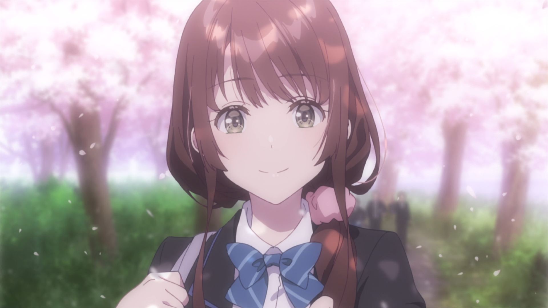 HD anime desktop wallpaper: Chitose from Chitose Is in the Ramune Bottle smiles in a school uniform beneath falling cherry blossoms, soft pink bokeh background.