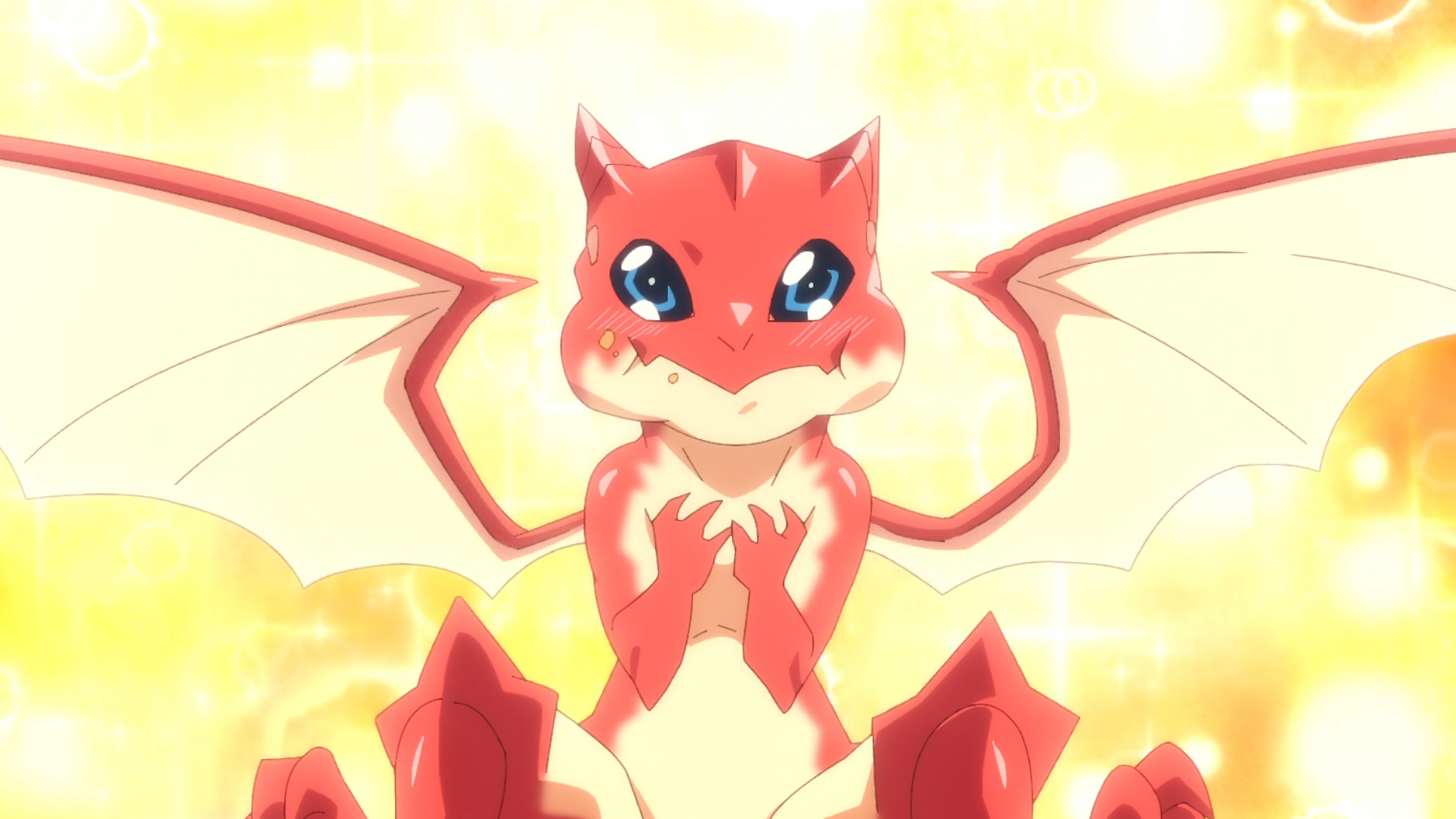Anime HD desktop wallpaper of Dora-chan from Campfire Cooking in Another World with my Absurd Skill — a cheerful red baby dragon with wings glowing in golden light.