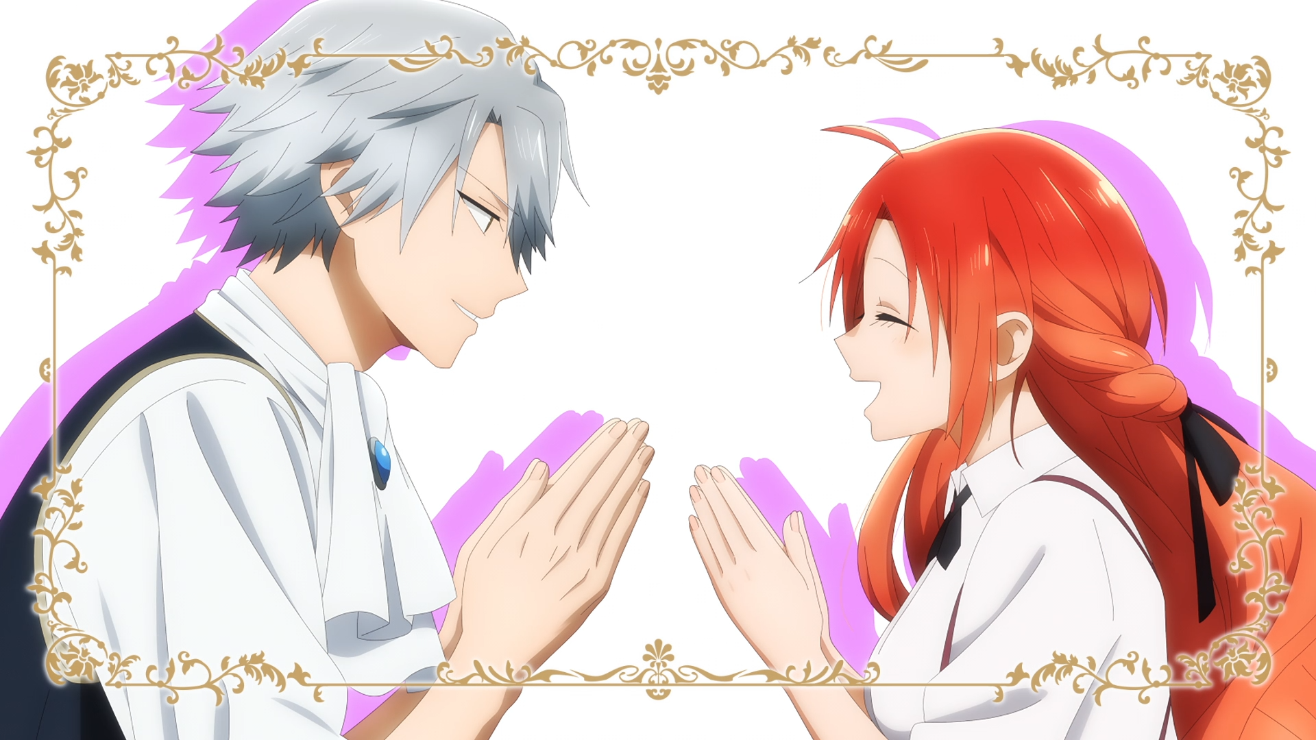 HD PC desktop wallpaper from the anime 'Pass the Monster Meat Milady!' showing Melphiera Marchalrayd and Aristide Roger de Galbraith smiling and clapping hands across a decorative gold frame.