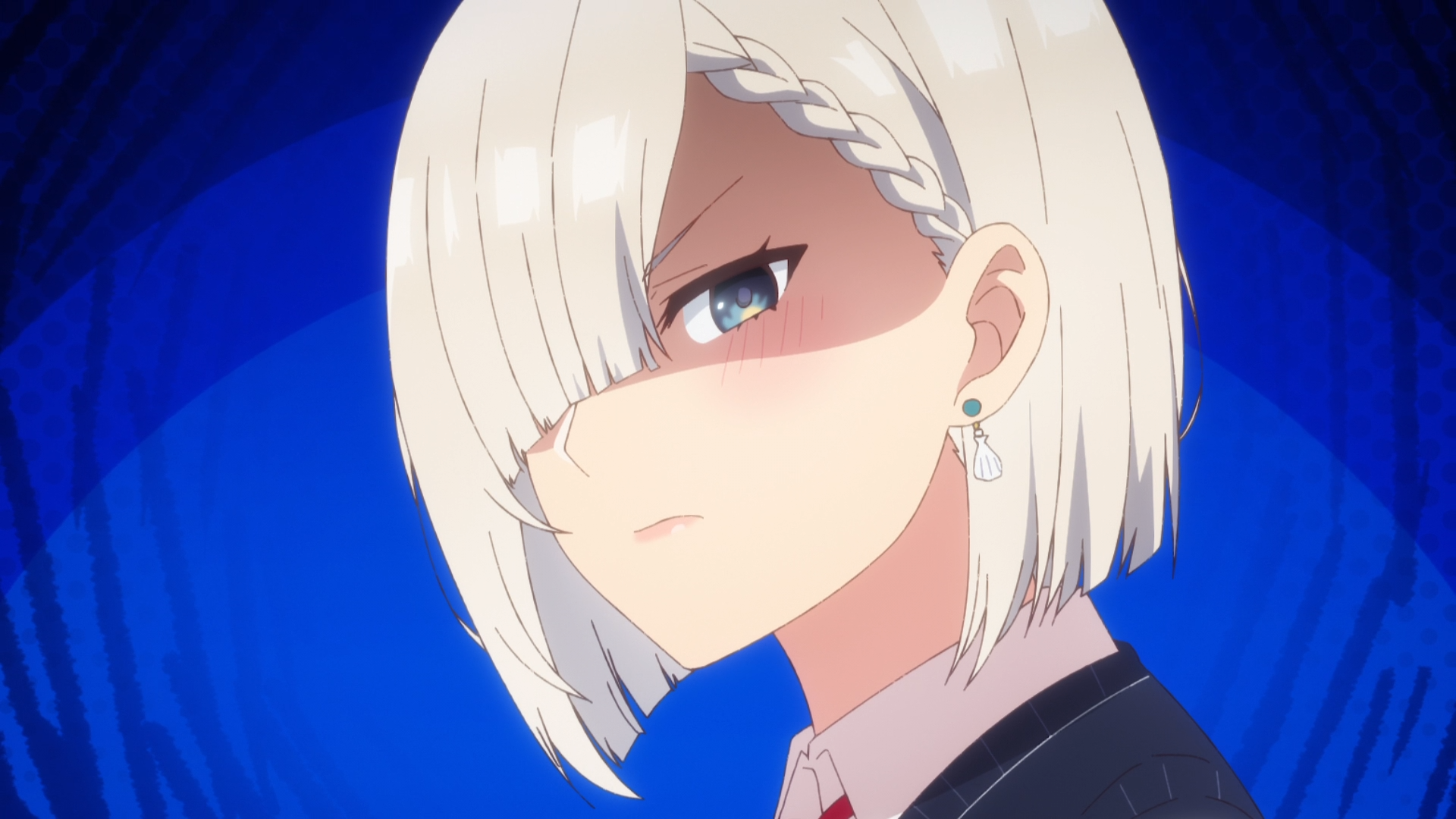 HD anime desktop wallpaper of Mashiro Tsukinomori from My Friend's Little Sister Has It In for Me! Close-up: short white hair with braid, stern blue-eyed expression on a deep blue backdrop.