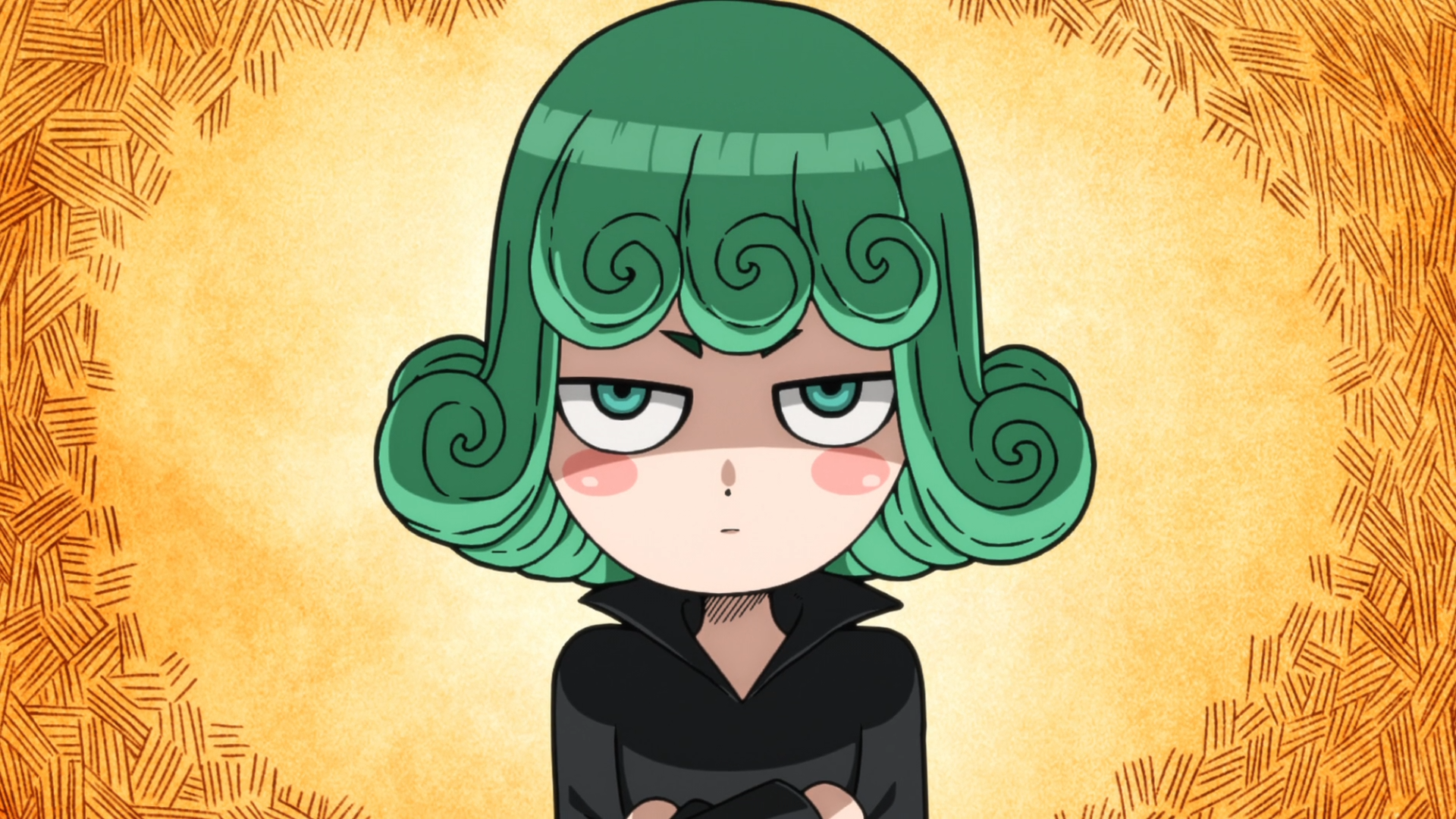 Anime HD PC desktop wallpaper of Tatsumaki from One-Punch Man: chibi-style green-haired esper with curled bangs, crossed arms and stern expression against a patterned golden backdrop.
