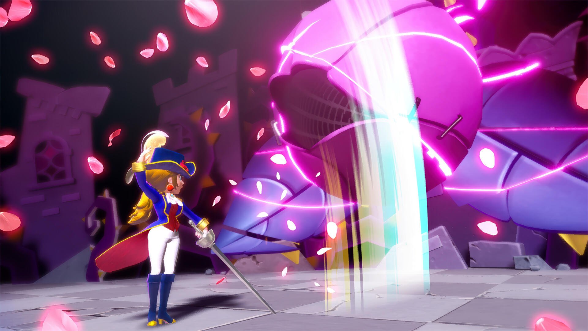 Princess Peach Showtime! HD PC desktop wallpaper/background — Peach in a swashbuckler outfit brandishing a rapier as pink energy and petals swirl around a towering glowing mech.