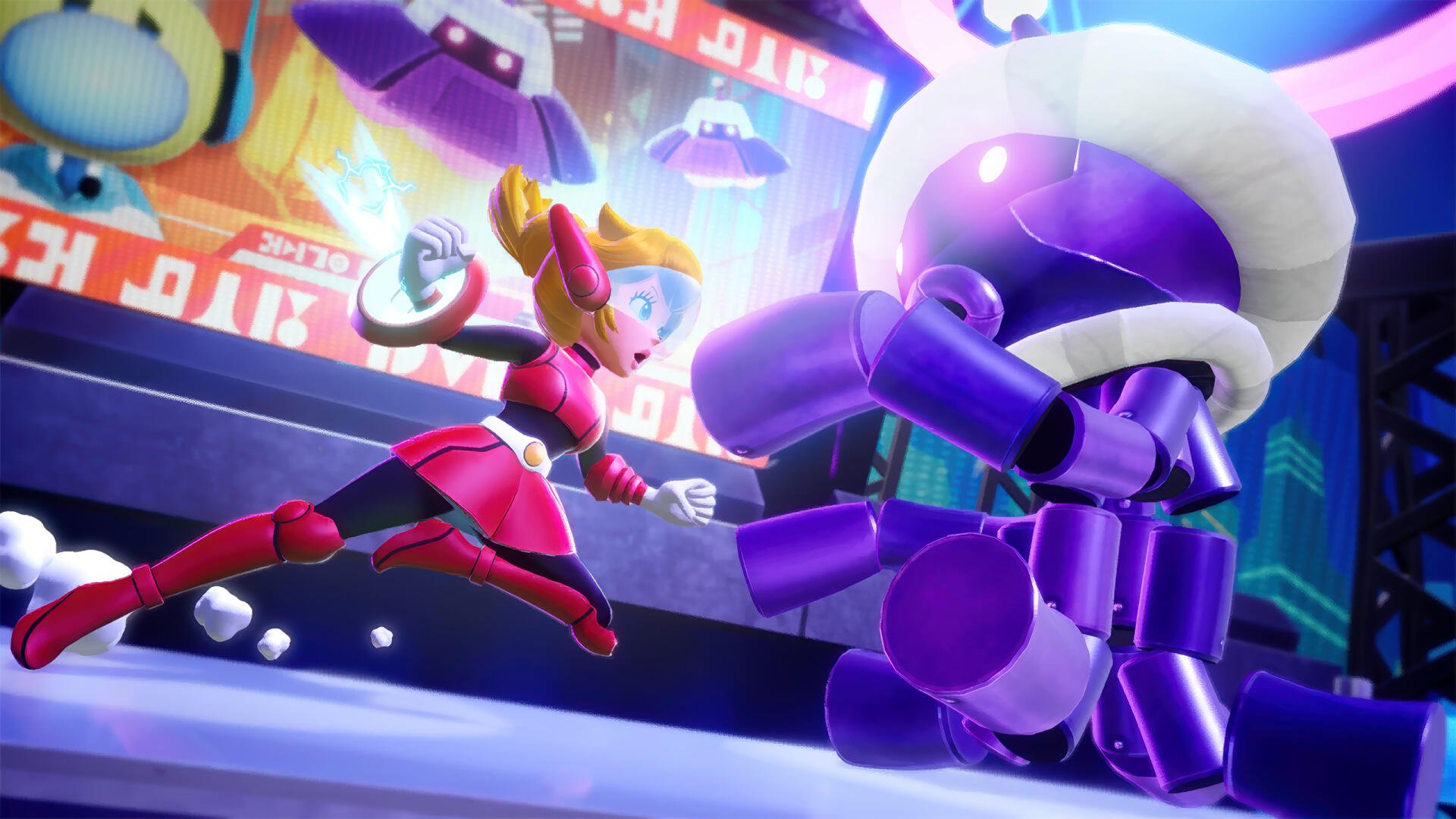 Princess Peach Showtime! HD PC desktop wallpaper: Princess Peach in a pink dress dashes toward a purple robot on a neon-lit stage, poised for action.
