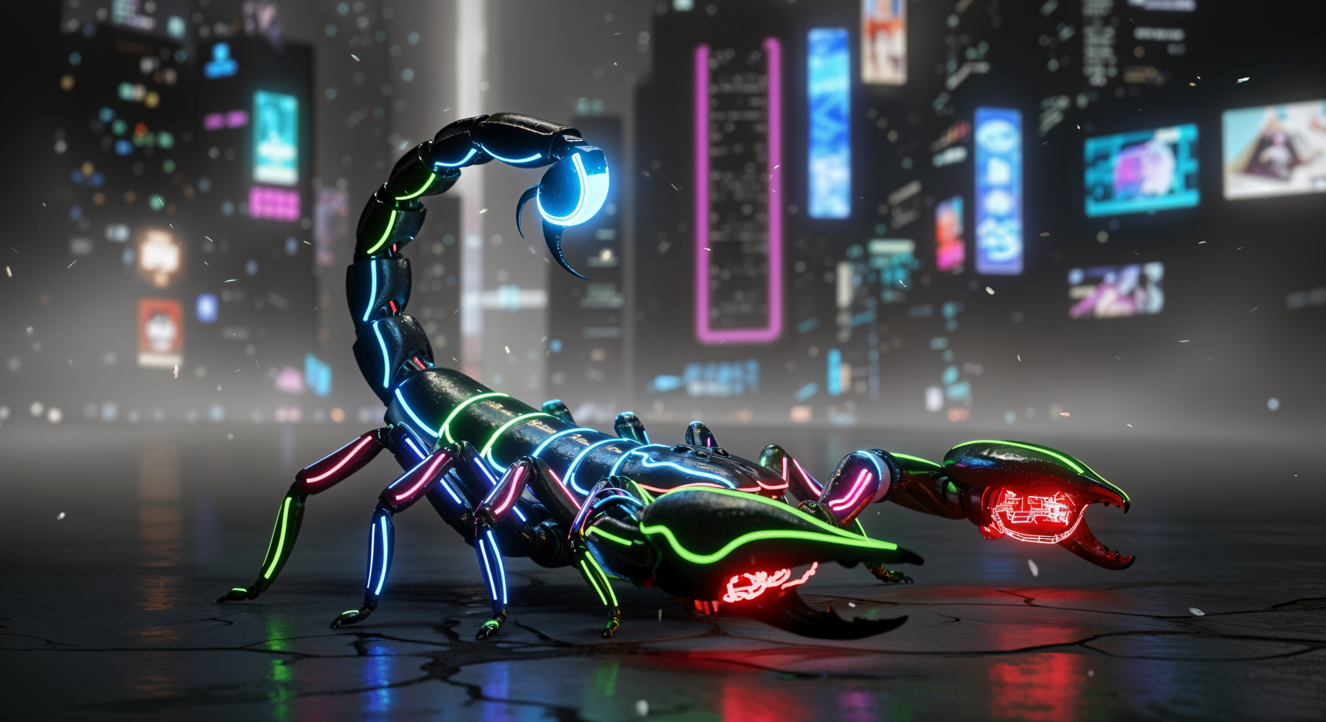 Cyberpunk neon scorpion crawling on wet pavement against a blurred city skyline — 4K Ultra HD PC desktop wallpaper and background.