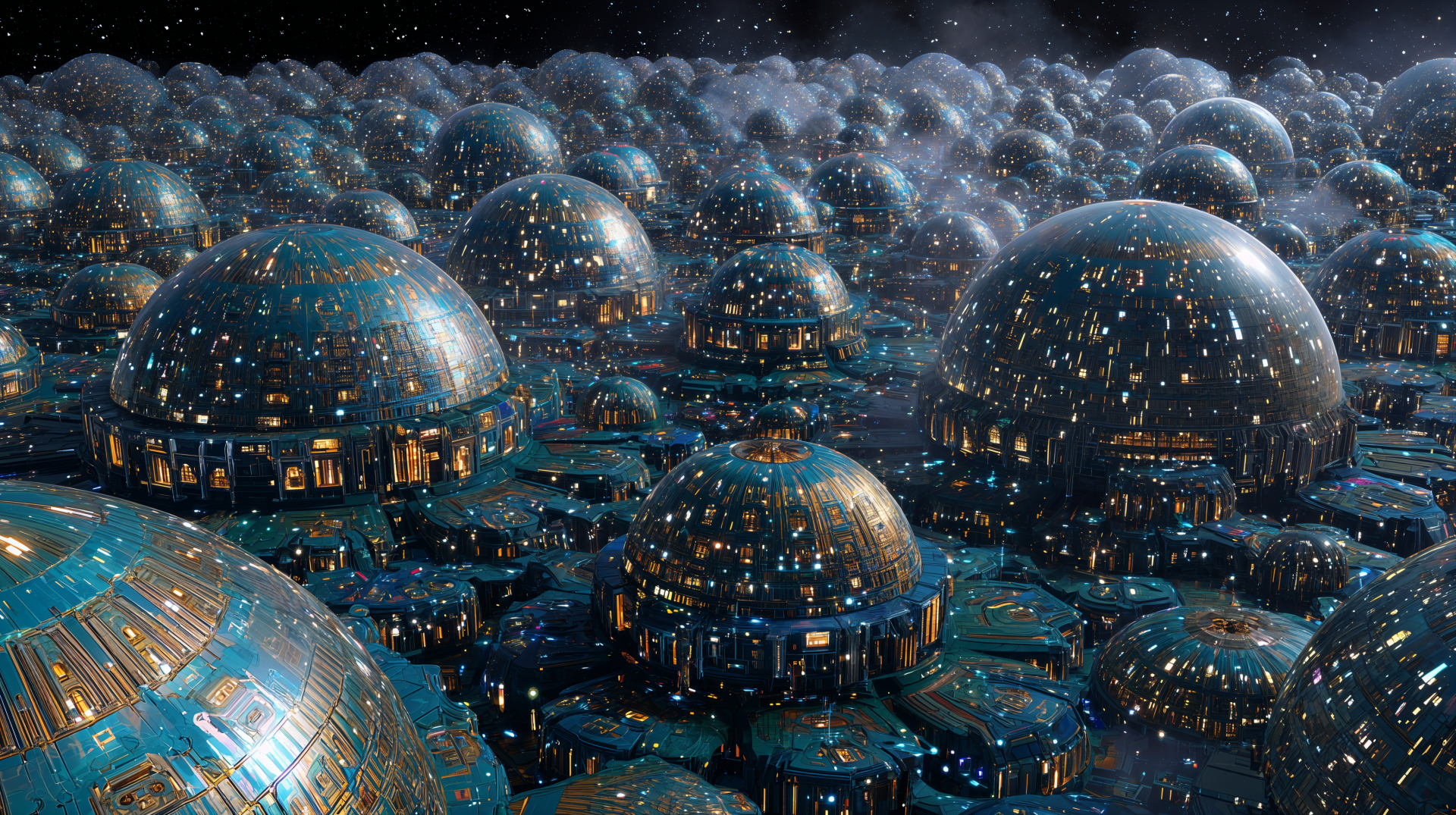 Sci Fi city 4K Ultra HD PC desktop wallpaper: sprawling metallic domes and layered platforms, neon windows glowing beneath a star-speckled mist.