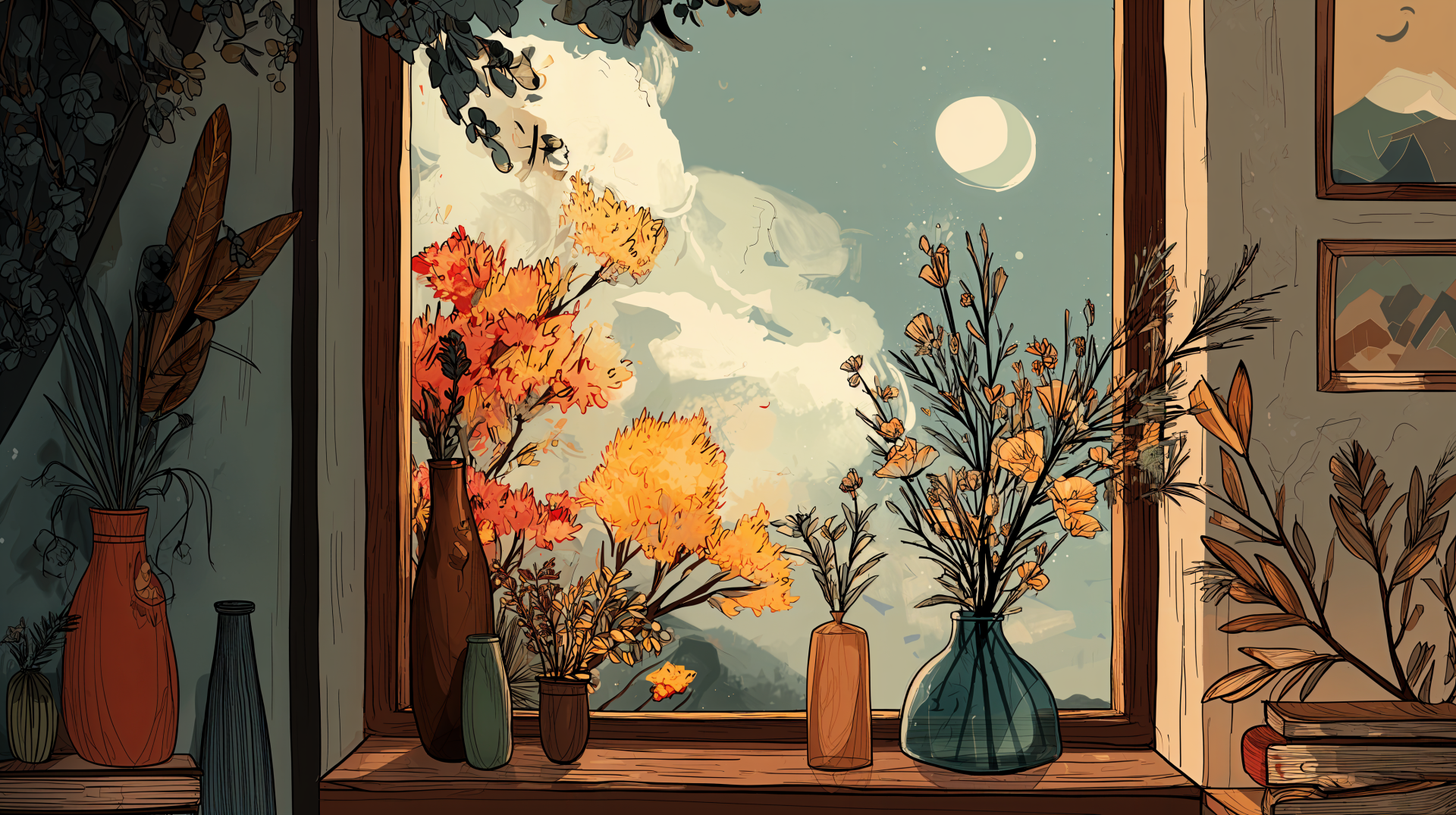 October aesthetic 4K Ultra HD PC desktop wallpaper — cozy windowsill with vases of autumn branches and golden leaves, pale moon and cloudy teal sky beyond.