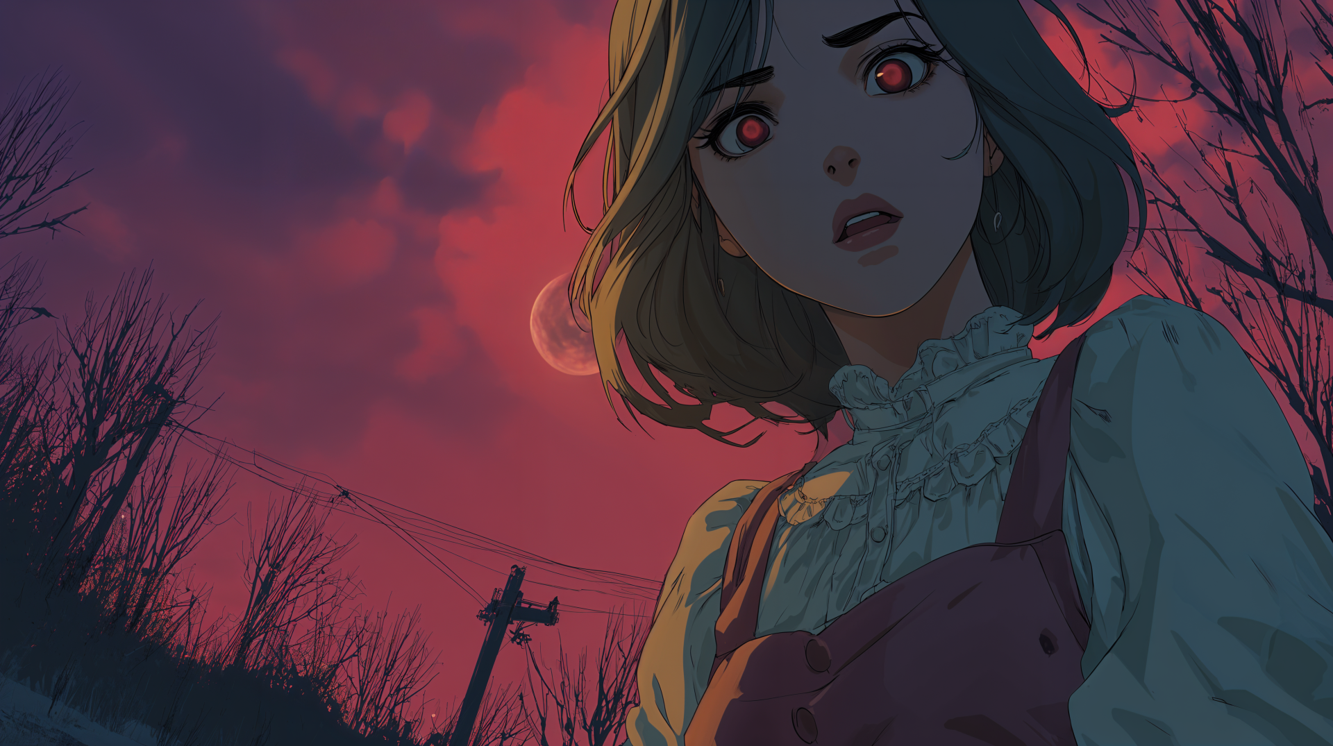 Spooky anime 4K Ultra HD PC desktop wallpaper: frightened girl with red eyes and dark bob, blood-red sky and moon, barren trees and a distant scarecrow silhouette.