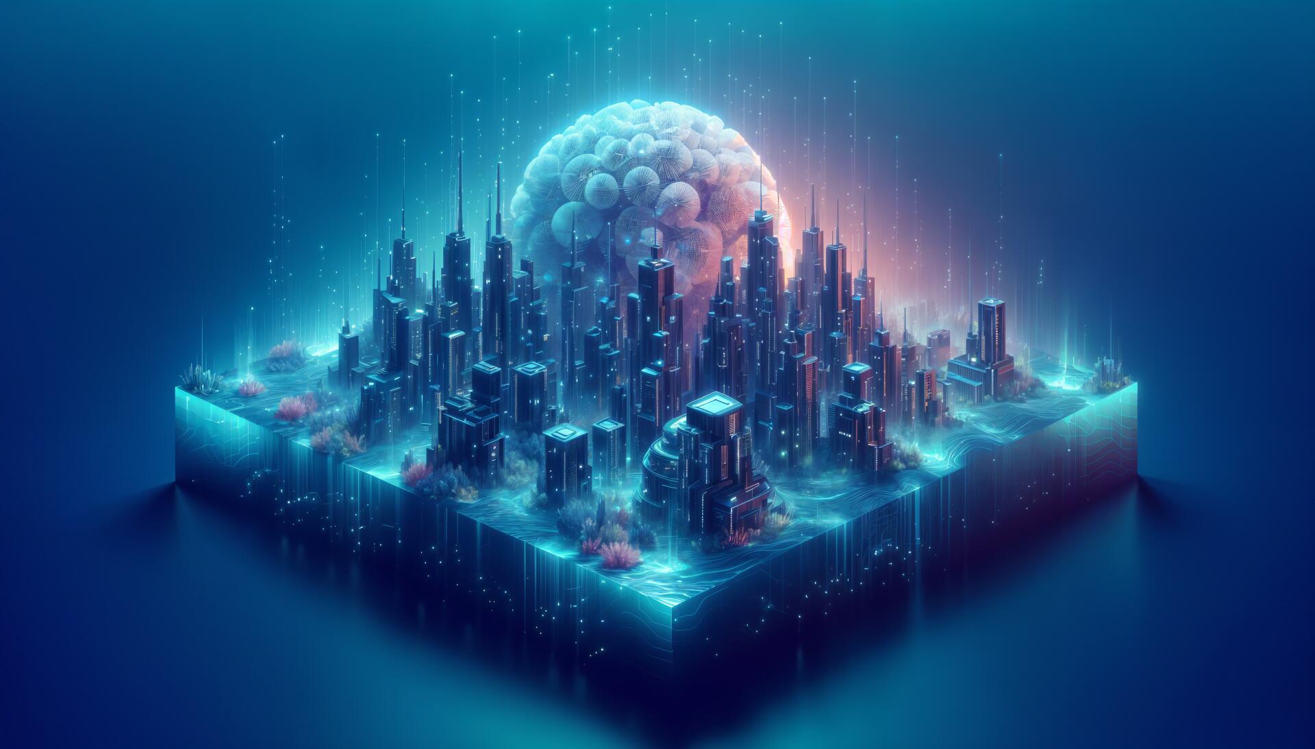 4K Ultra HD PC desktop wallpaper and background of a glowing futuristic city on a floating block, neon towers and lights with a translucent dome rising behind over a tranquil blue void.