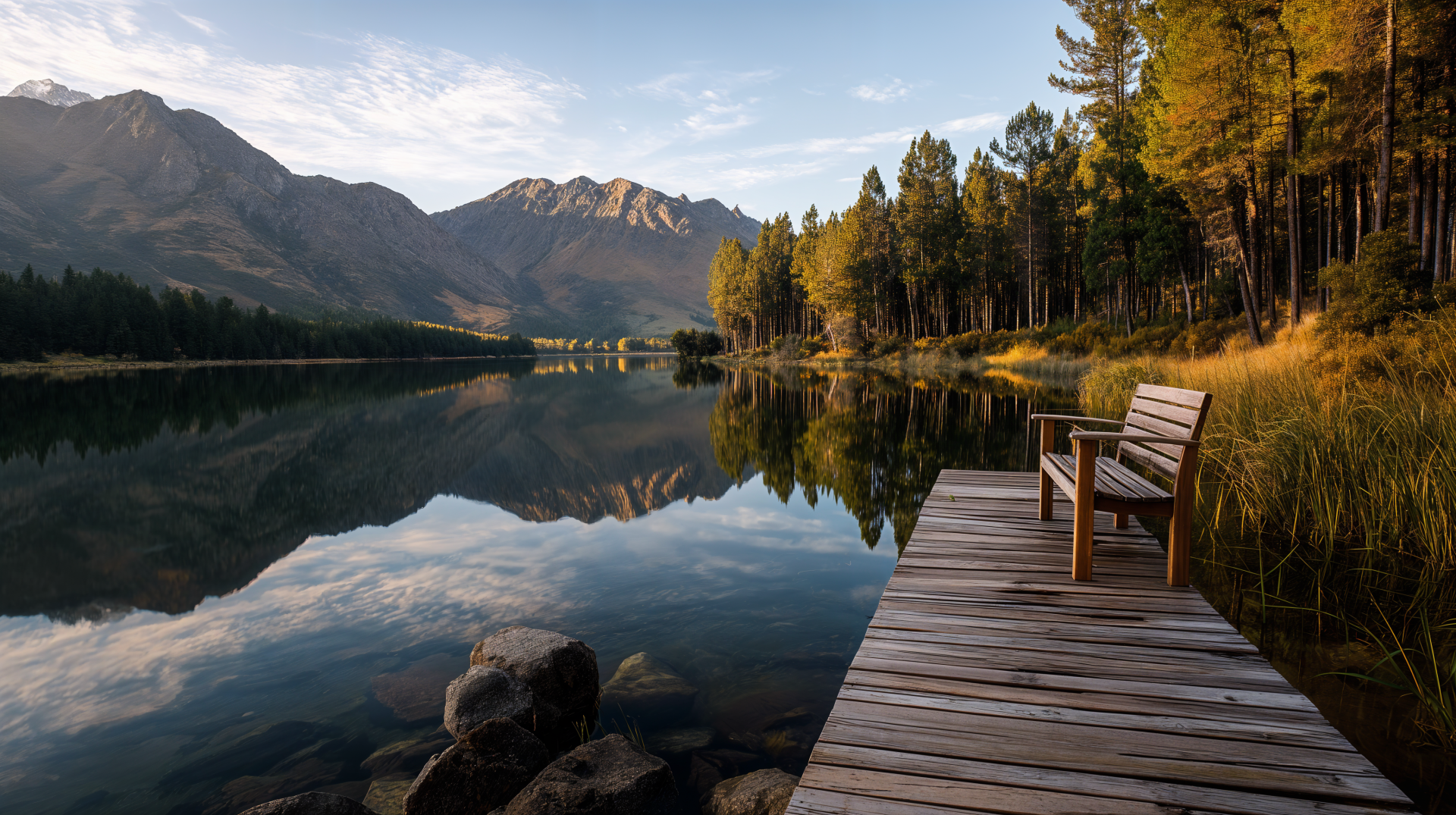 Nature 4K Ultra HD PC desktop wallpaper and background: tranquil lake reflecting mountains and forest, wooden dock with chair in the foreground.