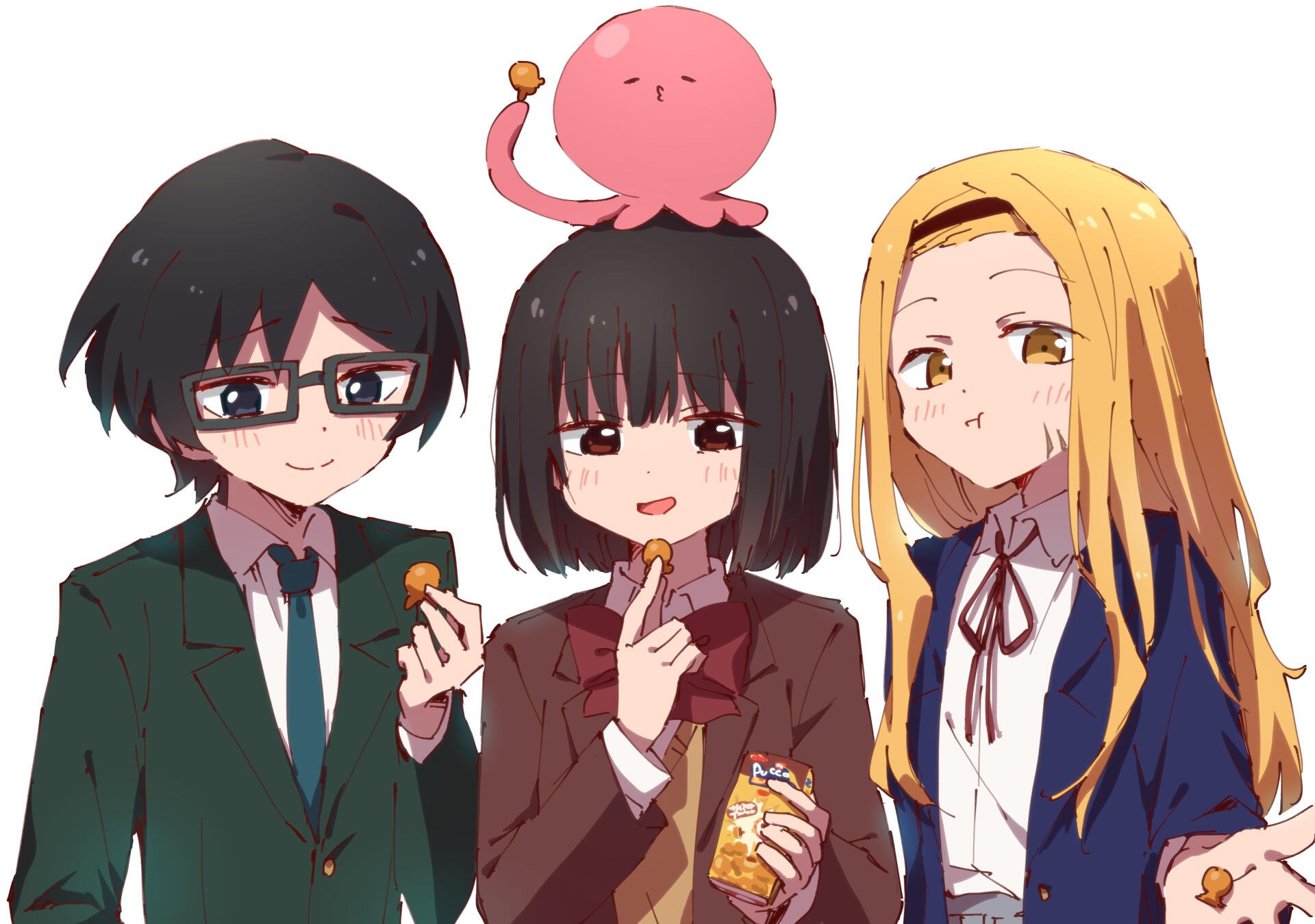 Anime (Takopi's Original Sin) 2K Quad HD desktop wallpaper: three characters — bespectacled dark-haired boy, short black-haired girl with pink octopus on her head eating snacks, smiling blonde girl.