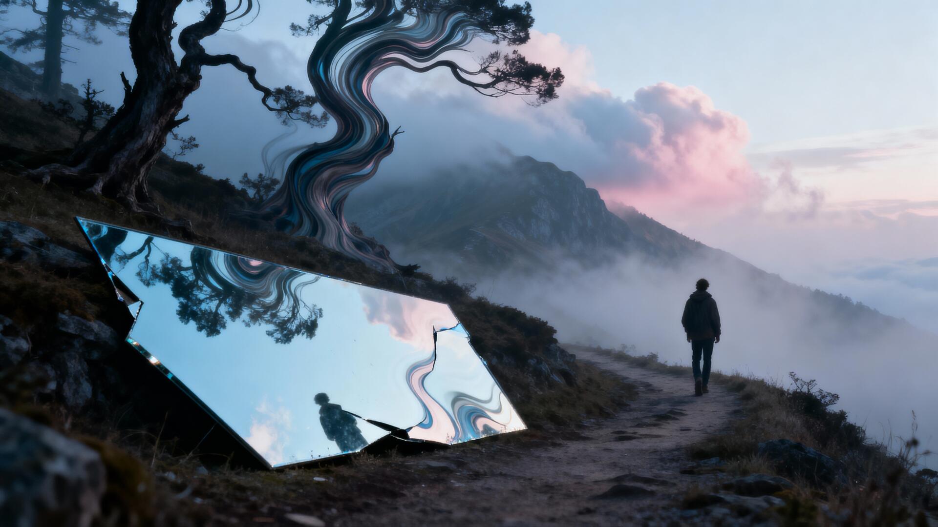 Wanderlust — 4K Ultra HD PC desktop wallpaper and background: a lone figure walks a misty mountain trail at dawn beside a warped reflective panel mirroring twisted trees and sky.