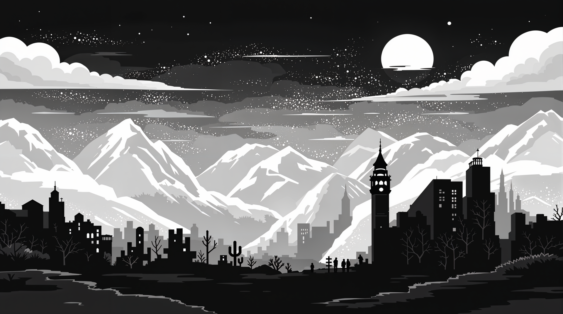 4K Ultra HD PC desktop wallpaper and background: monochrome city skyline with a clock tower before snow‑capped mountains, full moon, starry sky, clouds and two small figures on the plain.