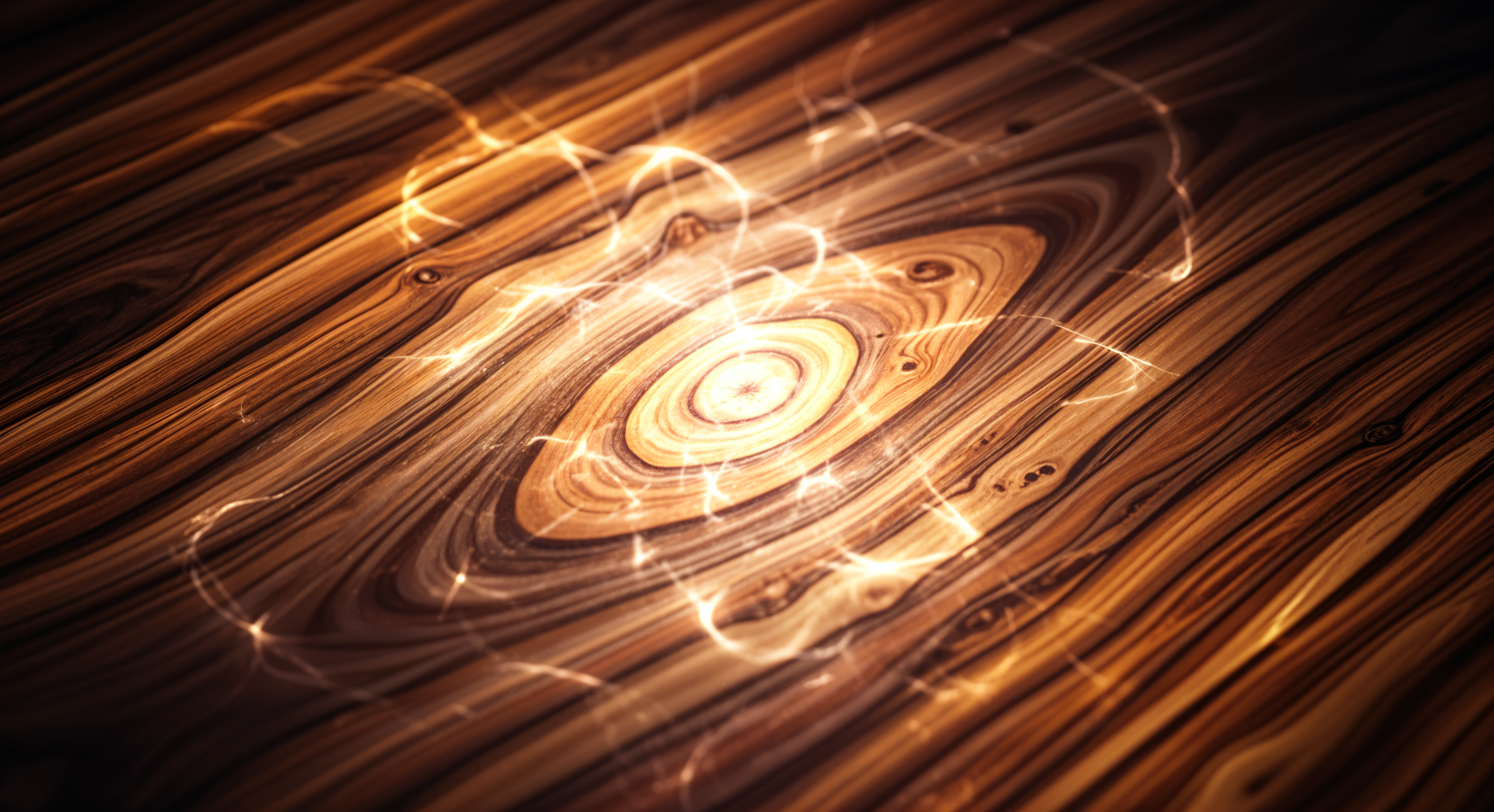 4K Ultra HD PC desktop wallpaper showing a polished wood texture with glowing, swirling light rings over a central knot.