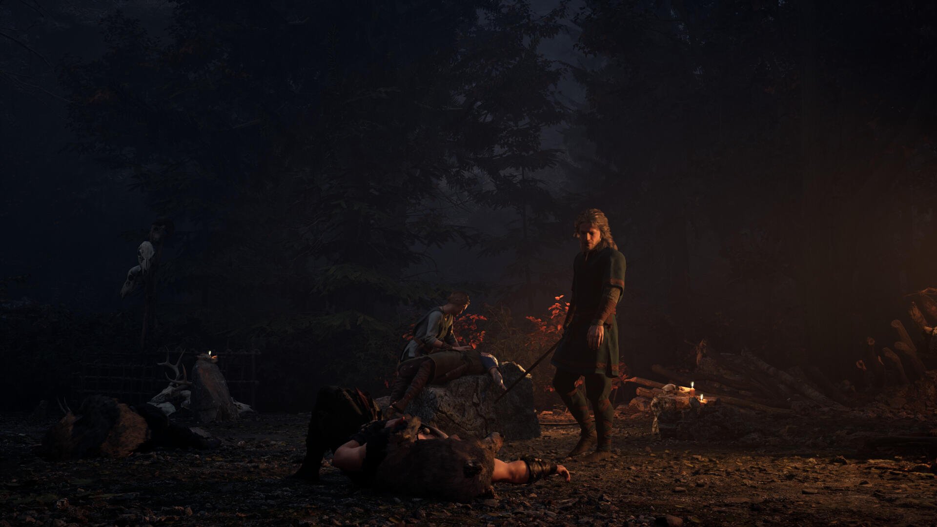 4K Ultra HD PC desktop wallpaper for NORSE: Oath of Blood — a Norse warrior stands among fallen enemies by a campfire in a dark forest.