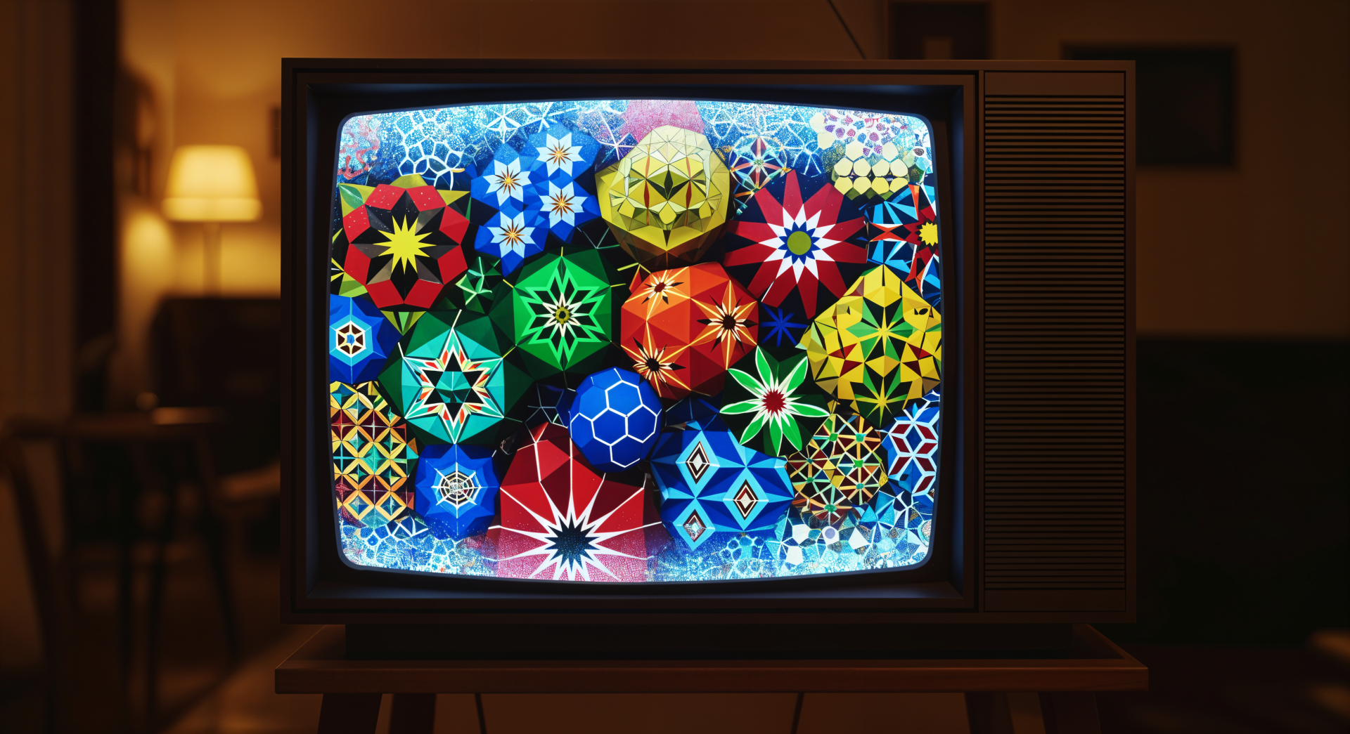 Retro TV showing a vibrant geometric kaleidoscope of colorful stars and polygons, 4K Ultra HD PC desktop wallpaper and background.