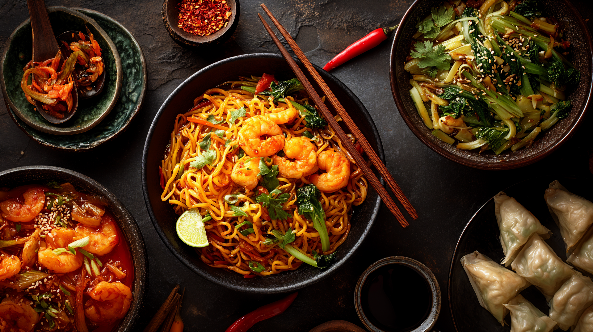 4K Ultra HD PC desktop wallpaper of Asian food: vibrant bowls of shrimp noodles, dumplings, chili and greens, chopsticks resting on a dark textured background.