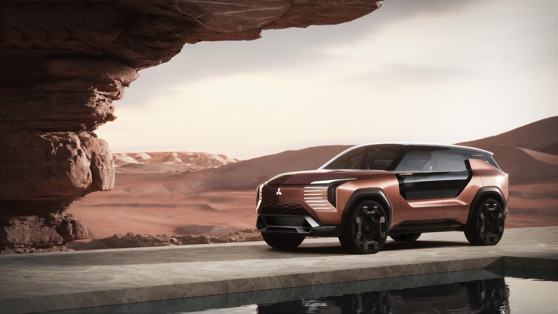 Mitsubishi Elevance concept SUV parked by desert rock formation, rendered in 8K Ultra HD as a PC desktop wallpaper/background.