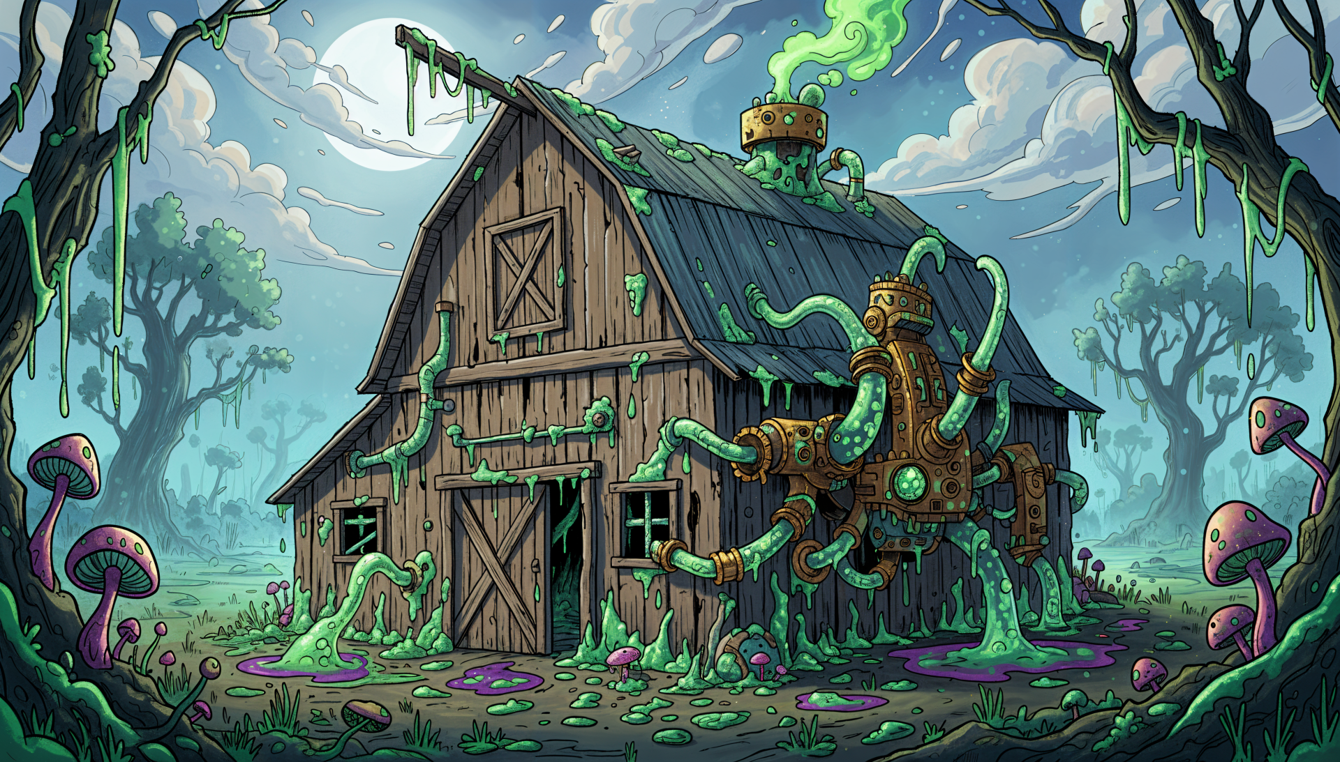 4K Ultra HD PC desktop wallpaper/background: a rustic barn overrun by glowing green tentacles and bioluminescent fungi in a foggy, moonlit swamp.