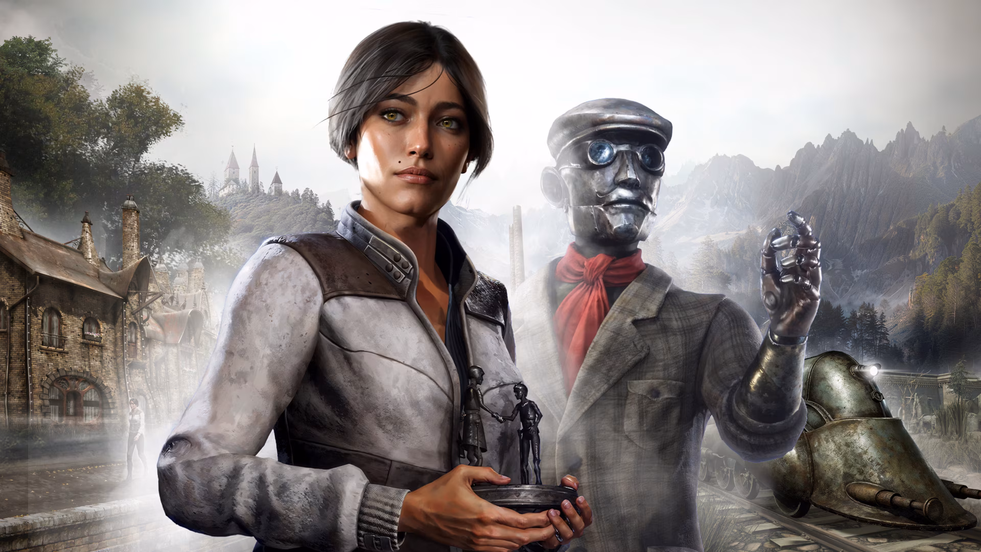 Syberia video game 4K Ultra HD PC desktop wallpaper showing the female protagonist holding a mechanical bird beside a clockwork automaton, misty town and waterfalls in the background.