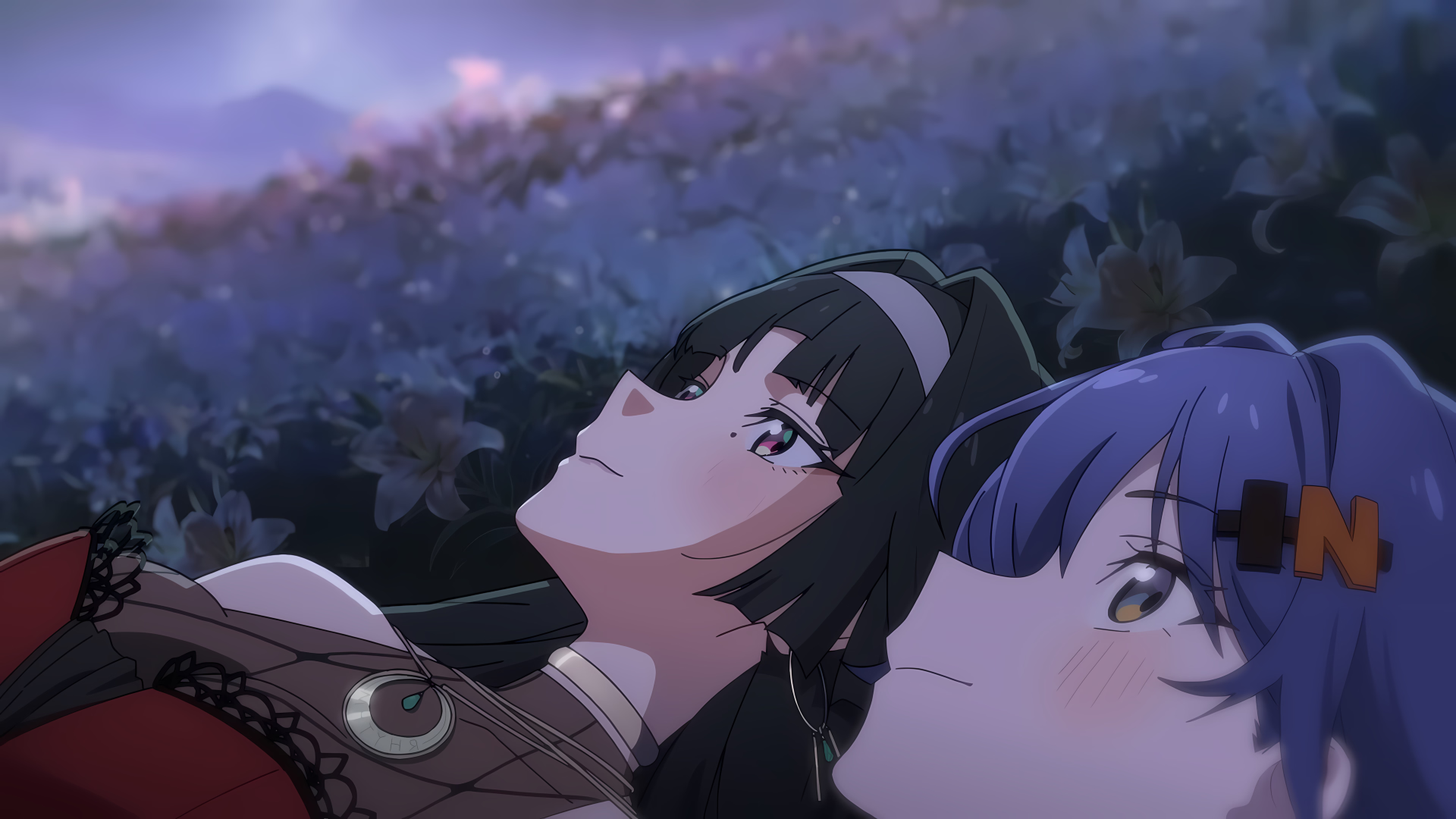 Video game Zenless Zone Zero 4K PC wallpaper: Astra Yao and Belle lie side-by-side gazing up through night foliage, a serene cinematic desktop background.