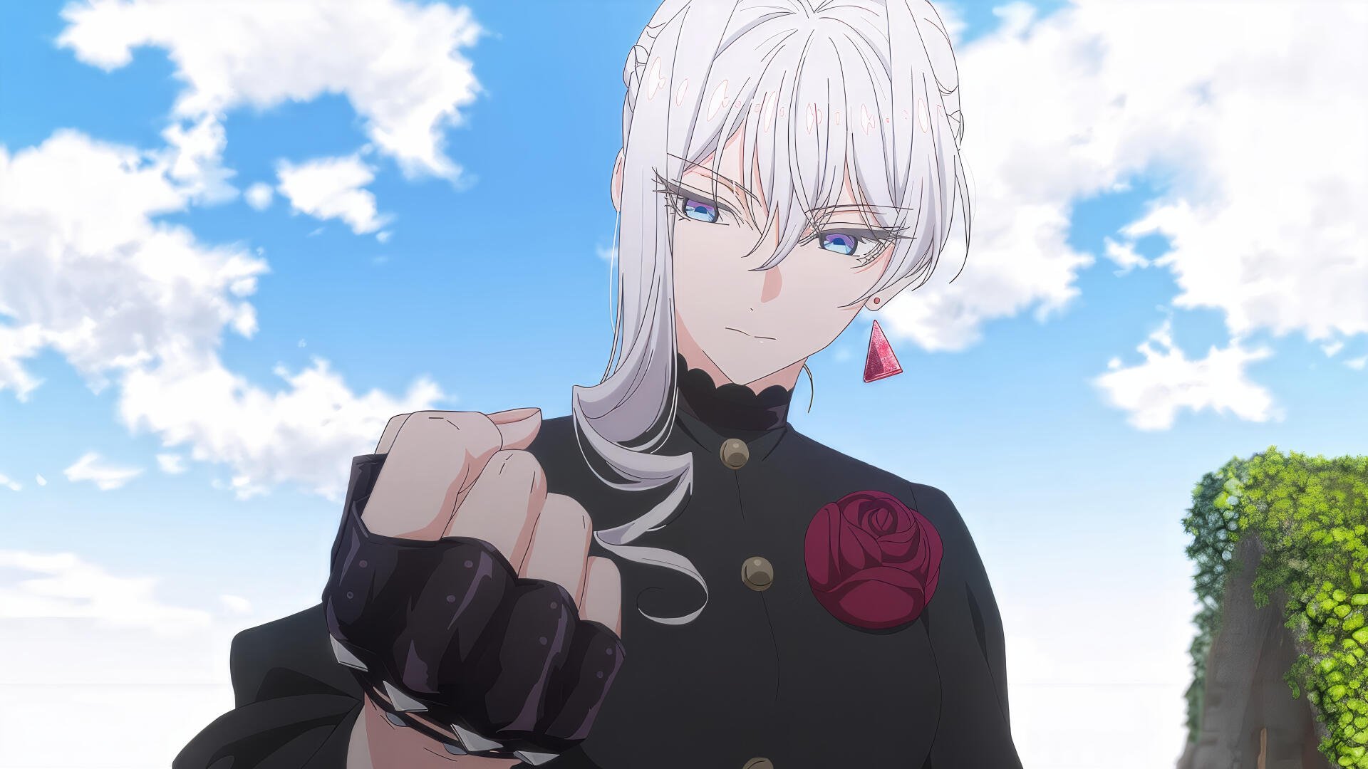 Anime 4K Ultra HD PC desktop wallpaper: Scarlett El Vandimion from May I Ask for One Final Thing? — white-haired woman in black uniform with a red rose, gloved fist raised under a bright blue sky.