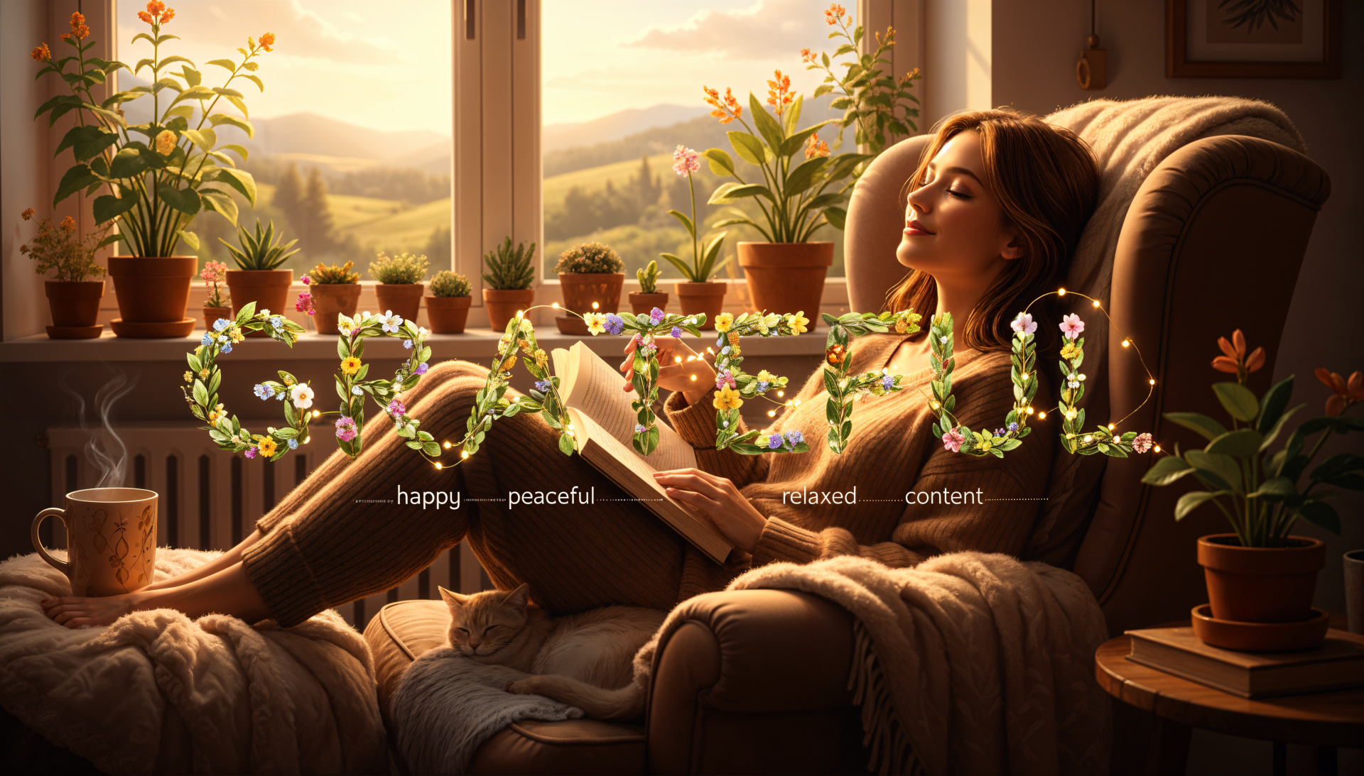 4K Ultra HD desktop wallpaper: a grateful woman reclining in a cozy armchair by a sunlit window, surrounded by potted plants, reading and smiling peacefully.